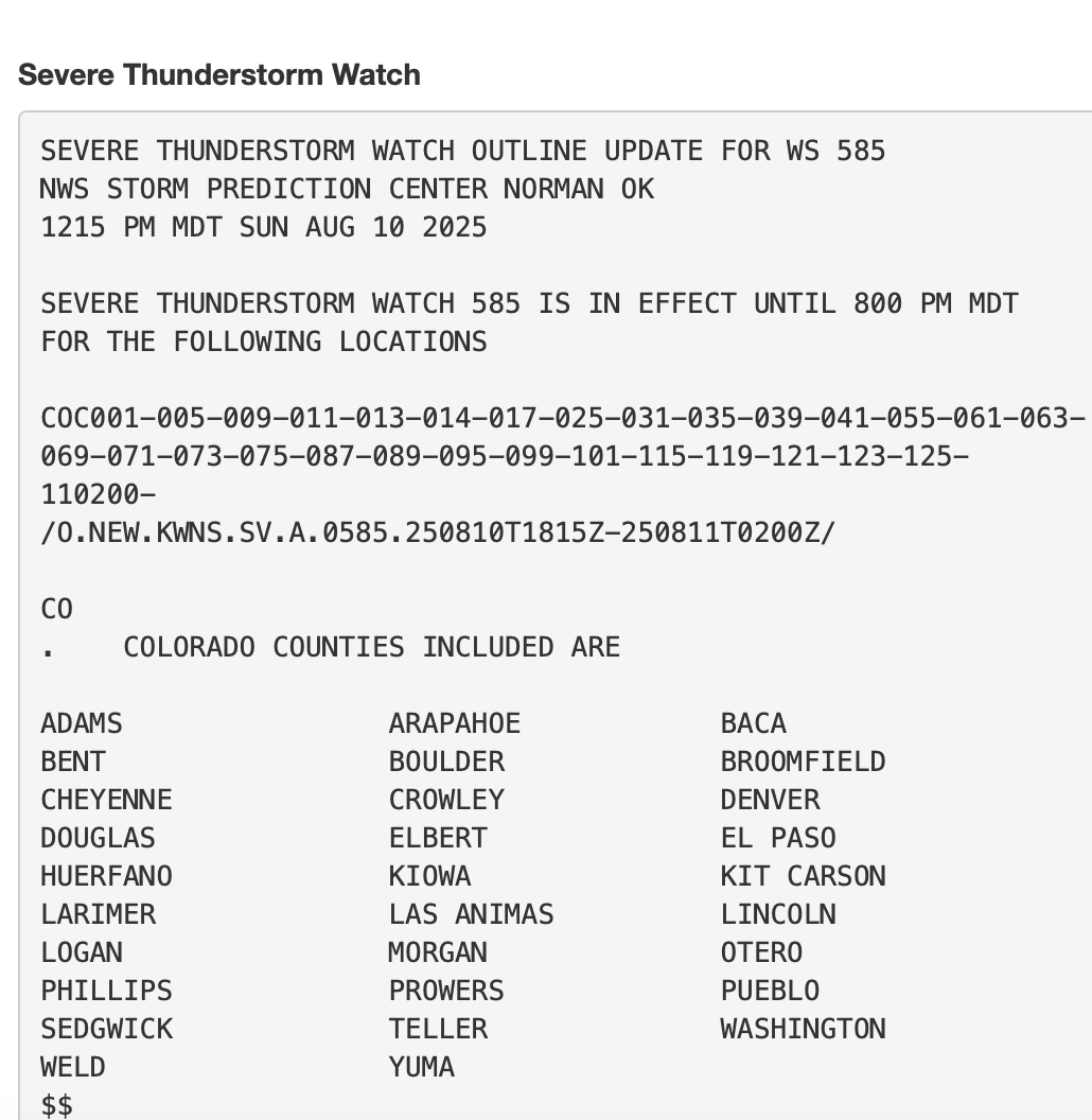 Severe thunderstorm watch in progress right now until 8 PM tonight for all the following #Colorado counties. Please share, &amp;  be weather aware. #cowx