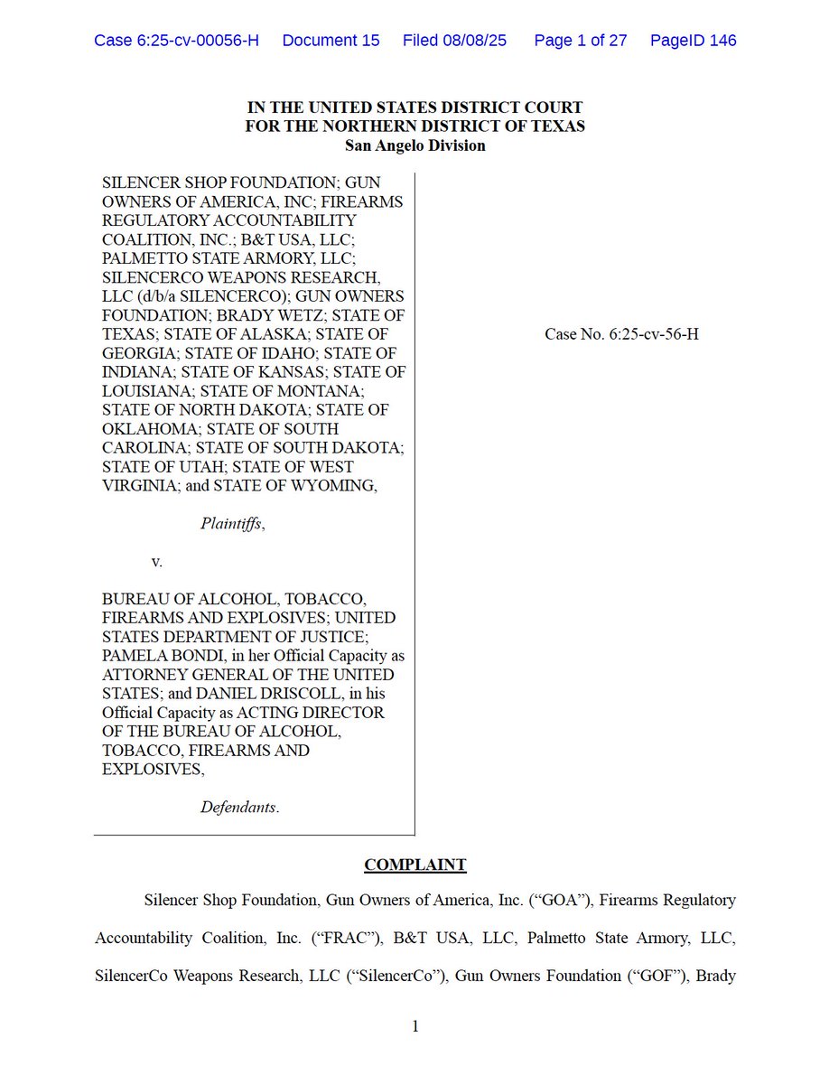Gun Owners of America (@gunowners) on Twitter photo 🚨HUGE UPDATE!🚨
The Big Beautiful Lawsuit by GOA, @gunfoundation, <a href="/FRACAction/">Firearms Regulatory Accountability Coalition, Inc.</a>, <a href="/palmettoarmory/">Palmetto State Armory</a>, <a href="/silencerco/">SilencerCo</a>, <a href="/SilencerShop/">SilencerShop</a> & B&T USA just got bigger.
AG <a href="/KenPaxtonTX/">Attorney General Ken Paxton</a> announces Texas & 14 other states joined to challenge the NFA’s unconstitutional registration rules.🔥 🚨HUGE UPDATE!🚨
The Big Beautiful Lawsuit by GOA, @gunfoundation, <a href="/FRACAction/">Firearms Regulatory Accountability Coalition, Inc.</a>, <a href="/palmettoarmory/">Palmetto State Armory</a>, <a href="/silencerco/">SilencerCo</a>, <a href="/SilencerShop/">SilencerShop</a> & B&T USA just got bigger.
AG <a href="/KenPaxtonTX/">Attorney General Ken Paxton</a> announces Texas & 14 other states joined to challenge the NFA’s unconstitutional registration rules.🔥