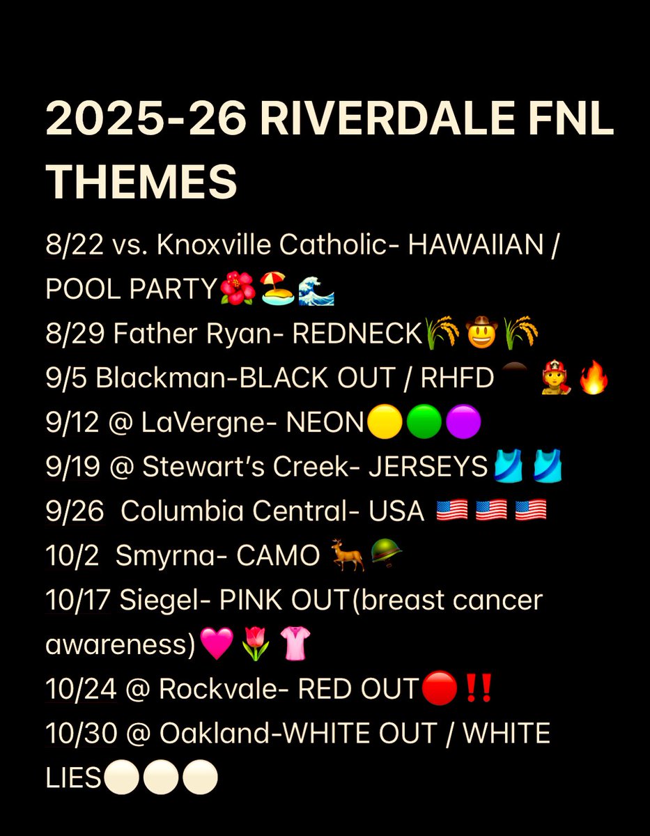 RHS_tribe's tweet image. ITS ALMOST THAT TIME‼️. HERE ARE YOUR OFFICIAL TRIBE THEMES FOR THE 2025-26 SEASON. WE NEED EVERYONE TO COME OUT EVERY WEEK AND SUPPORT🏹. #packthedale‼️ #26takeover
