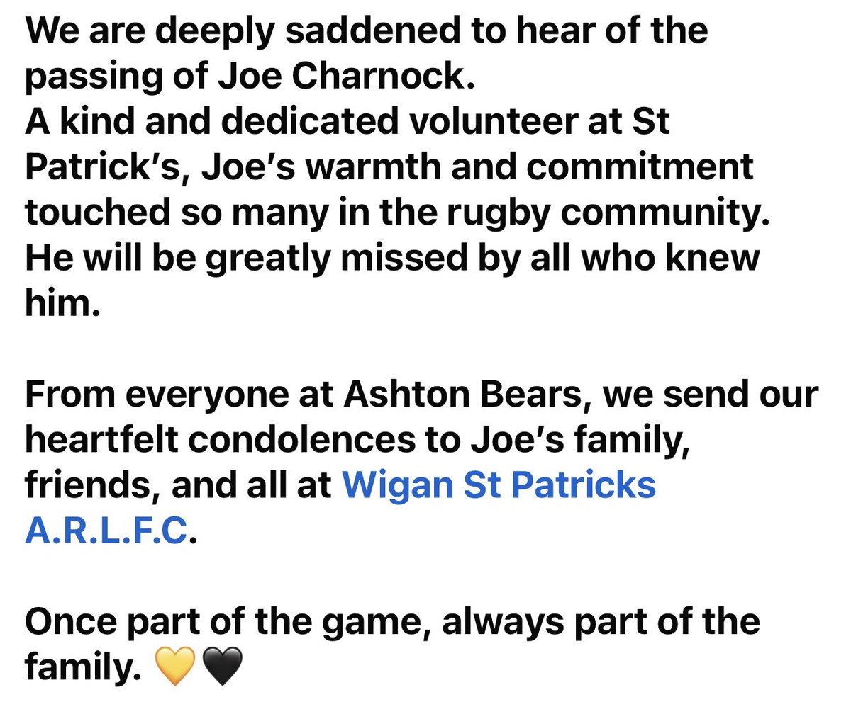 AshtonBears's tweet image. Sending our deepest condolences to all that knew and loved Joe Charnock – a kind soul and a true rugby heart. 🏉💛🖤
Sending thoughts and prayers to all at Wigan St Patrick’s from all at Ashton Bears.