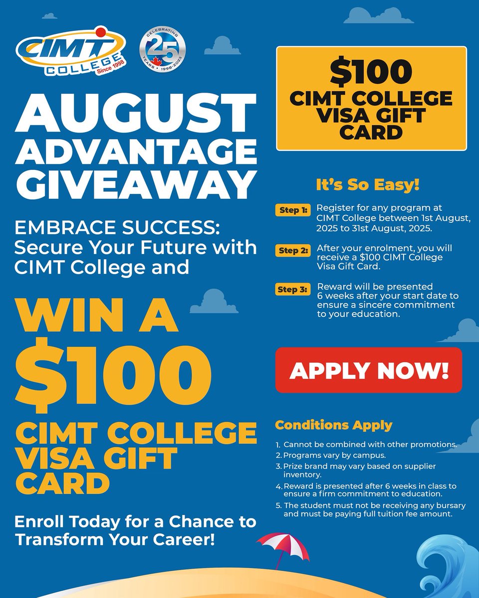 CIMT College (@cimtcollege) on Twitter photo π― AUGUST ADVANTAGE GIVEAWAY π―
Secure your future with CIMT College and stand a chance to WIN a $100 CIMT College VISA Gift Card π³β¨
π Enroll Today for your chance to transform your career! π
π cimtcollege.com
π 905-671-9999
βοΈ admissions@cimtcollege.com π― AUGUST ADVANTAGE GIVEAWAY π―
Secure your future with CIMT College and stand a chance to WIN a $100 CIMT College VISA Gift Card π³β¨
π Enroll Today for your chance to transform your career! π
π cimtcollege.com
π 905-671-9999
βοΈ admissions@cimtcollege.com