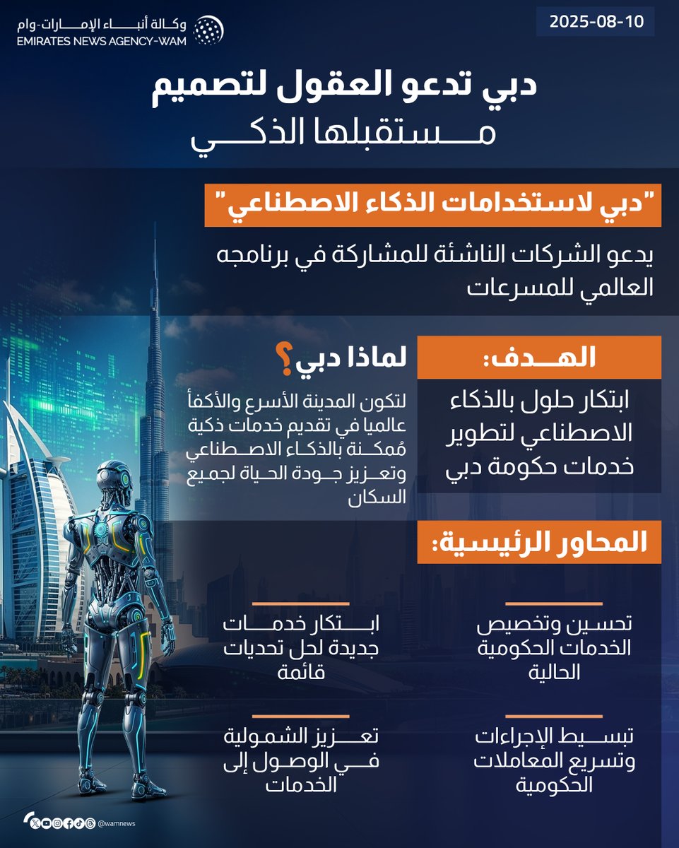 wamnews's tweet photo. "دبي لاستخدامات الذكاء الاصطناعي" يدعو الشركات الناشئة للمشاركة في برنامجه العالمي للمسرعات

#إنفوجرافيك_وام 
https://t.co/DAvCTdWep9 https://t.co/GLPxnaXvs7