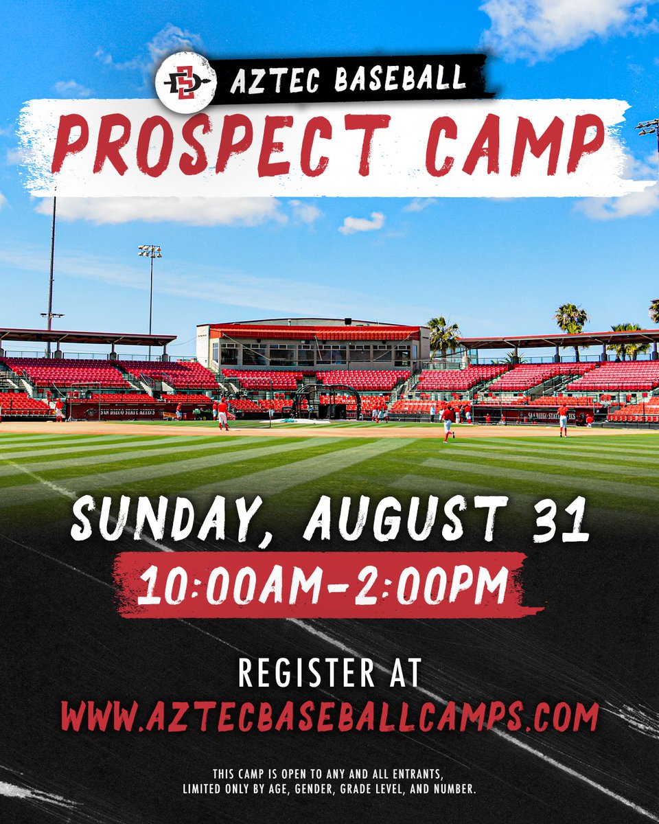 AztecBaseball's tweet image. Mark your calendars‼️ The future of Aztec Baseball starts here ⚾ Don’t miss out on our Prospect Camp on August 31. #GoAztecs 

Register now at aztecbaseballcamps.com!