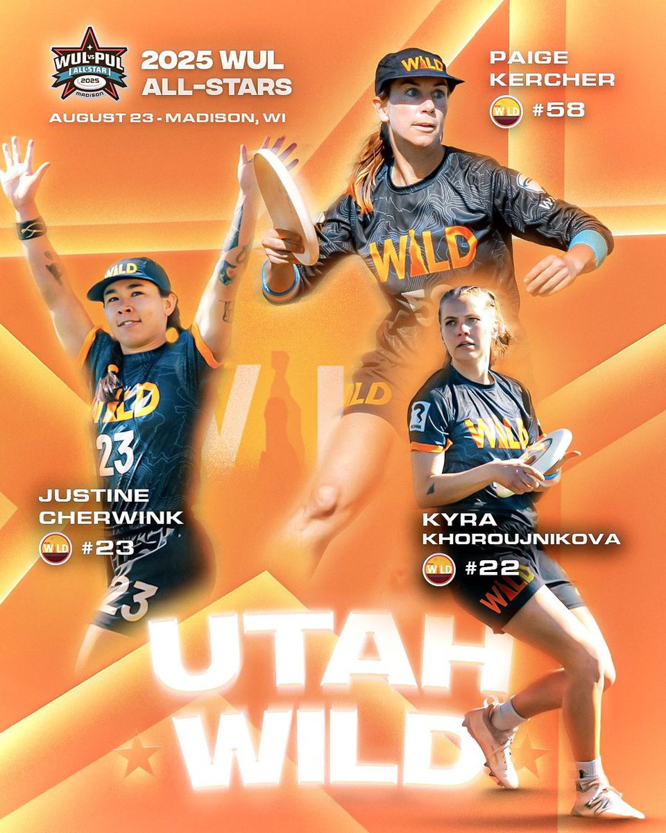 Introducing your 2025 WUL All-Stars 🌟

Representing the Beehive state 🐝: Justine Cherwink (#23), Paige Kercher (#58), and Kyra Khoroujnikova (#22)! 

📅 August 23rd in Madison, WI

🎟️ Part of UFA Championship Weekend - Ticket link in bio