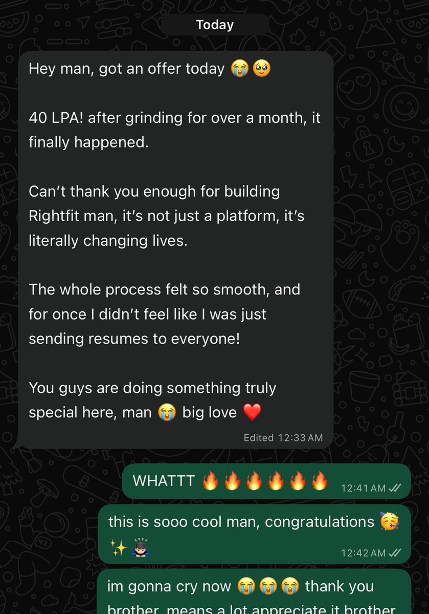 sumit (@wh0sumit) on Twitter photo just received this message🥳😭
this is our second hire in august with <a href="/rightfitso/">rightfit (we’re hiring)</a>, first was 80lpa+ remote job, and now this one.
we’re going absolutely craaazyyyyy 🔥🔥 just received this message🥳😭
this is our second hire in august with <a href="/rightfitso/">rightfit (we’re hiring)</a>, first was 80lpa+ remote job, and now this one.
we’re going absolutely craaazyyyyy 🔥🔥