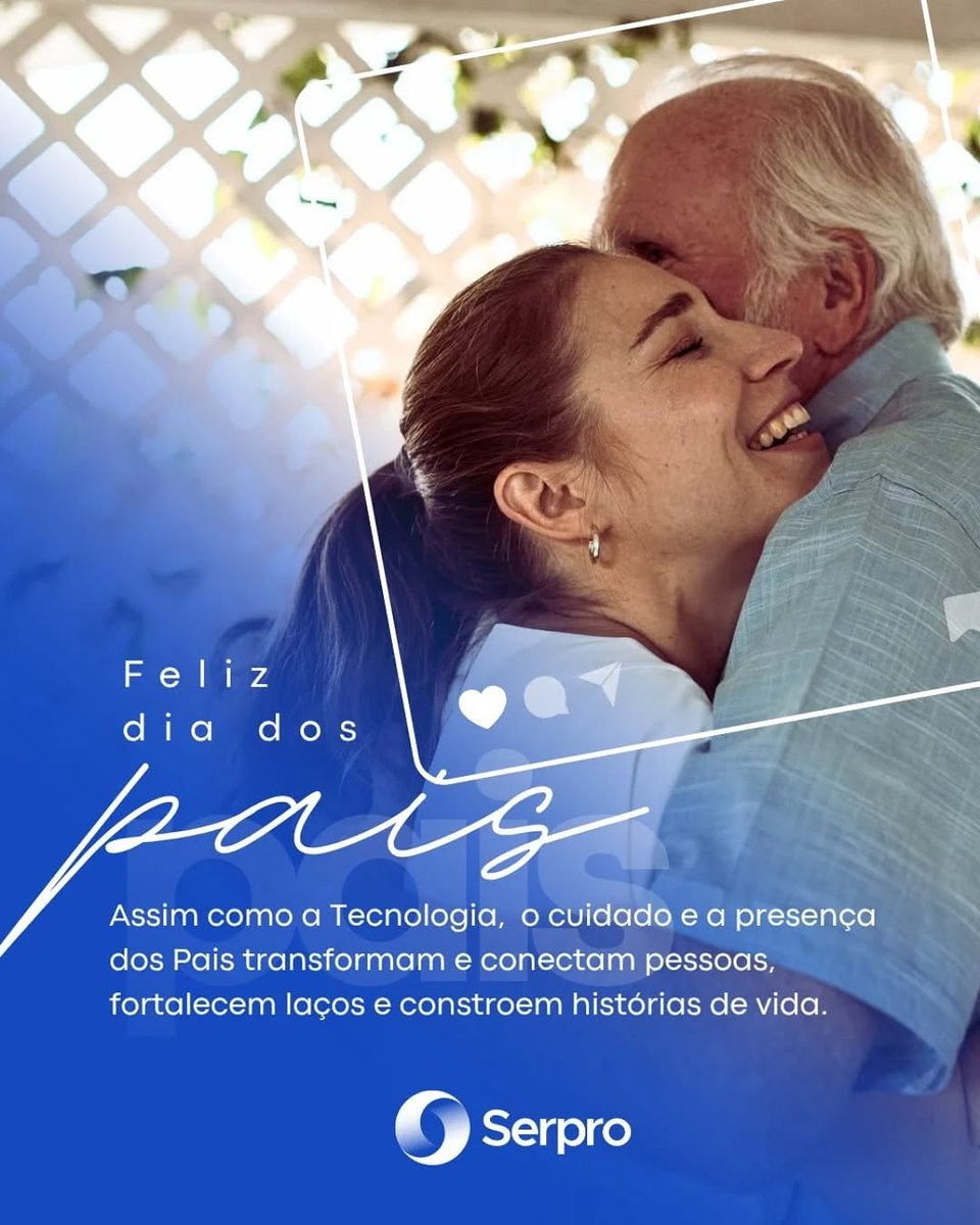 Dia dos Pais | Serpro celebra aqueles que, com dedicação e exemplo, inspiram gerações e ajudam a construir um Brasil melhor.

Reafirmamos o compromisso de entregar soluções digitais que aproximam cidadãos e Estado, apoiando famílias, fortalecendo vínculos e promovendo inclusão.