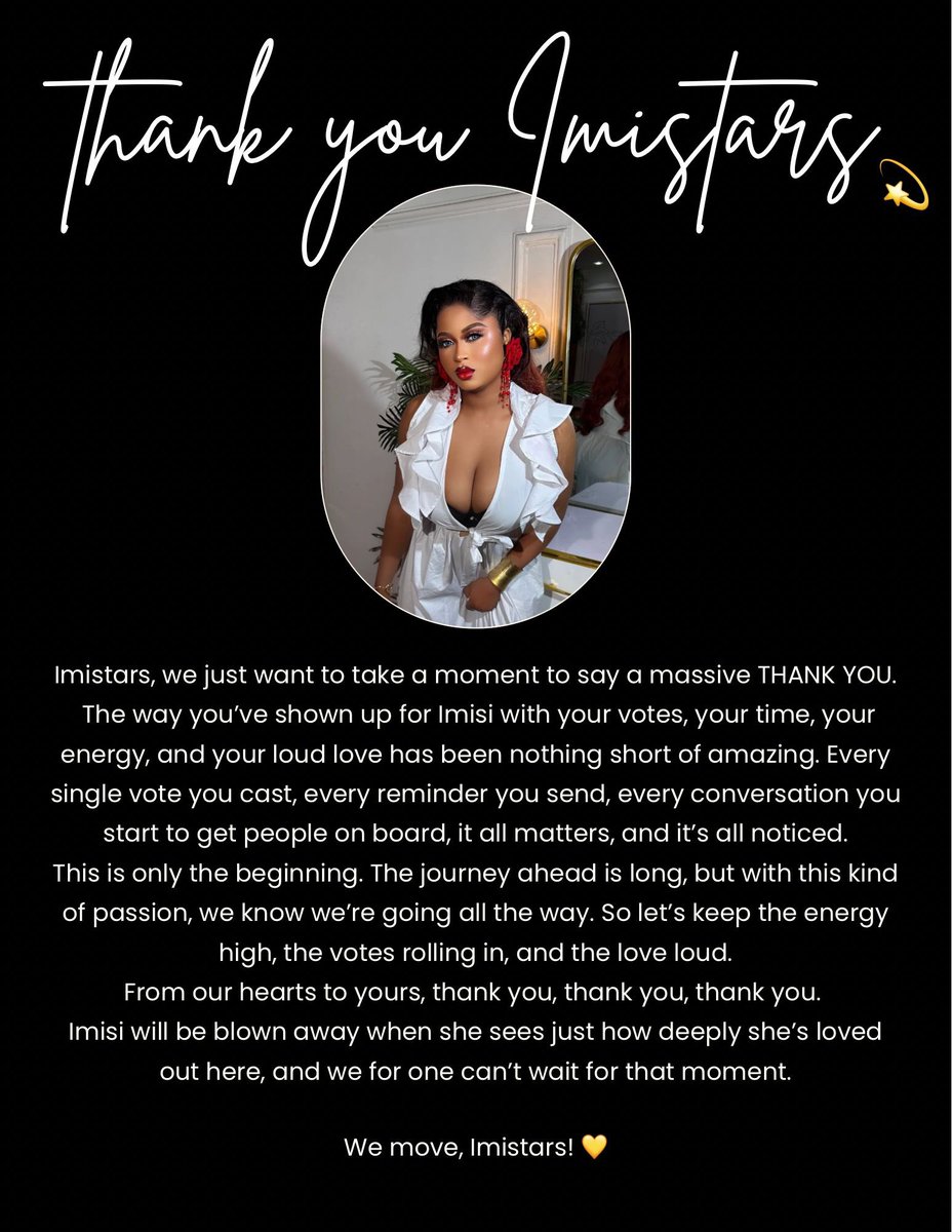 Words aren't enough to thank you Imistars🥹🧡

Thank You! Thank you! Thank you!

It's way up from here ✊💫

GOOD LUCK IMISI 
IMISI X 150M
#ImisiAyanwale 
#BBNaija
#BBNaijaS10