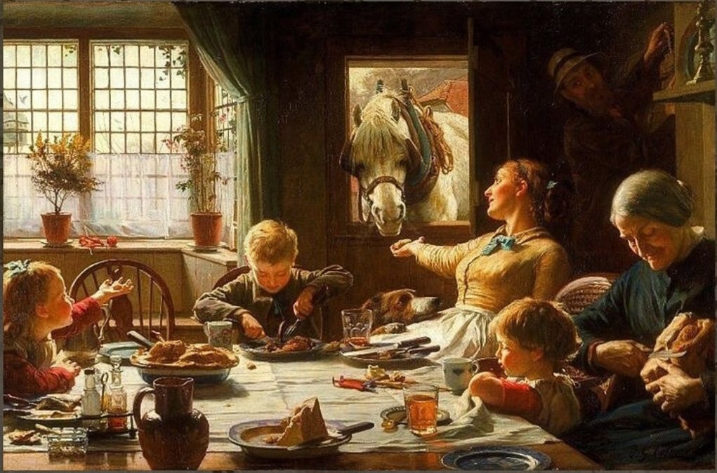 Essa pintura representa bem a paternidade.

A família iluminada, almoçando em uma mesa farta, com todos felizes e seguros no lar. O pai na sombra atrás da porta, quase invisível, pendurando suas coisas pois acabou de chegar do trabalho.

Tudo que a família desfruta só foi