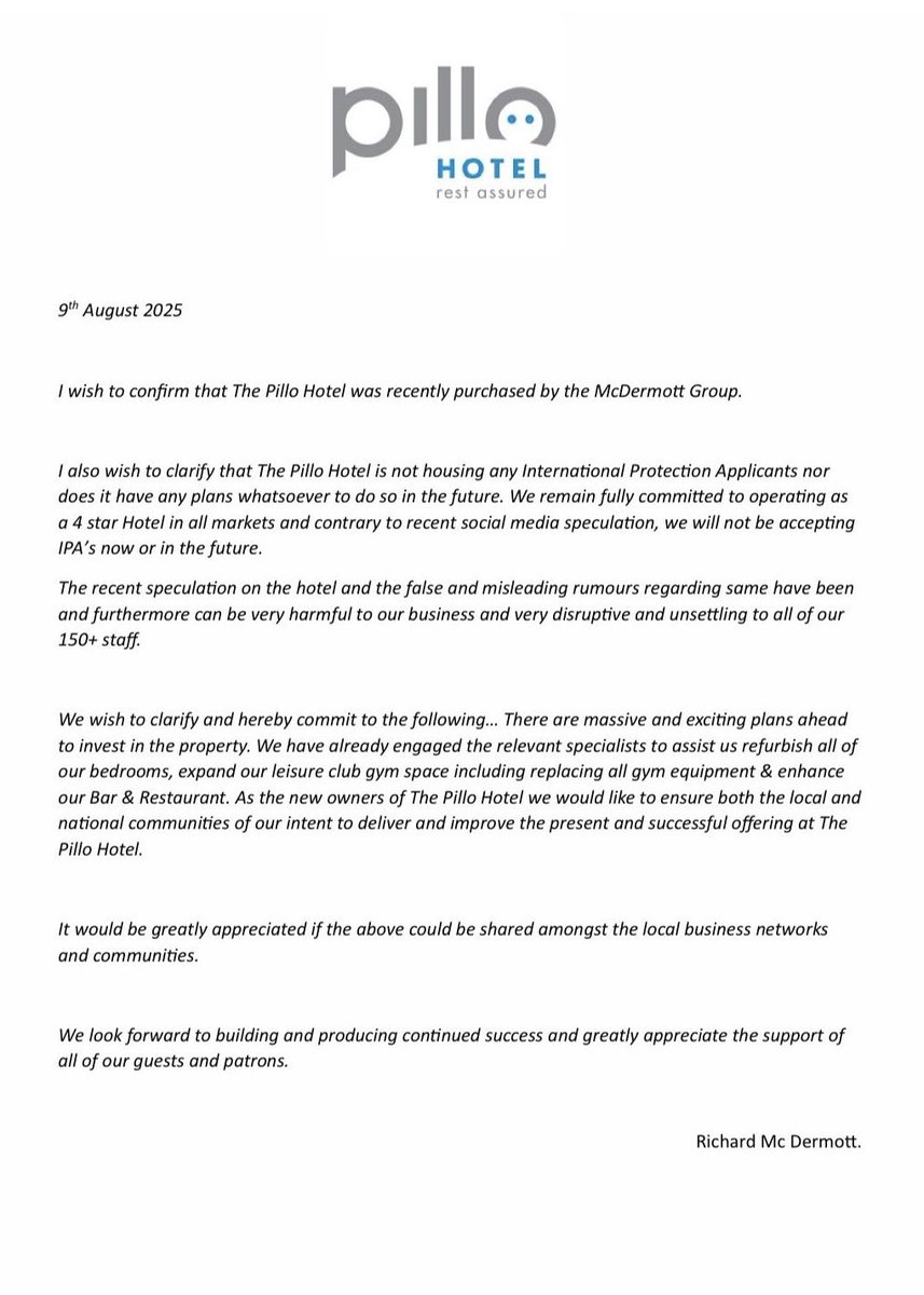 BusinessInAsh's tweet image. Statement from The McDermott Group regarding #Pillo Hotel in #Ashbourne