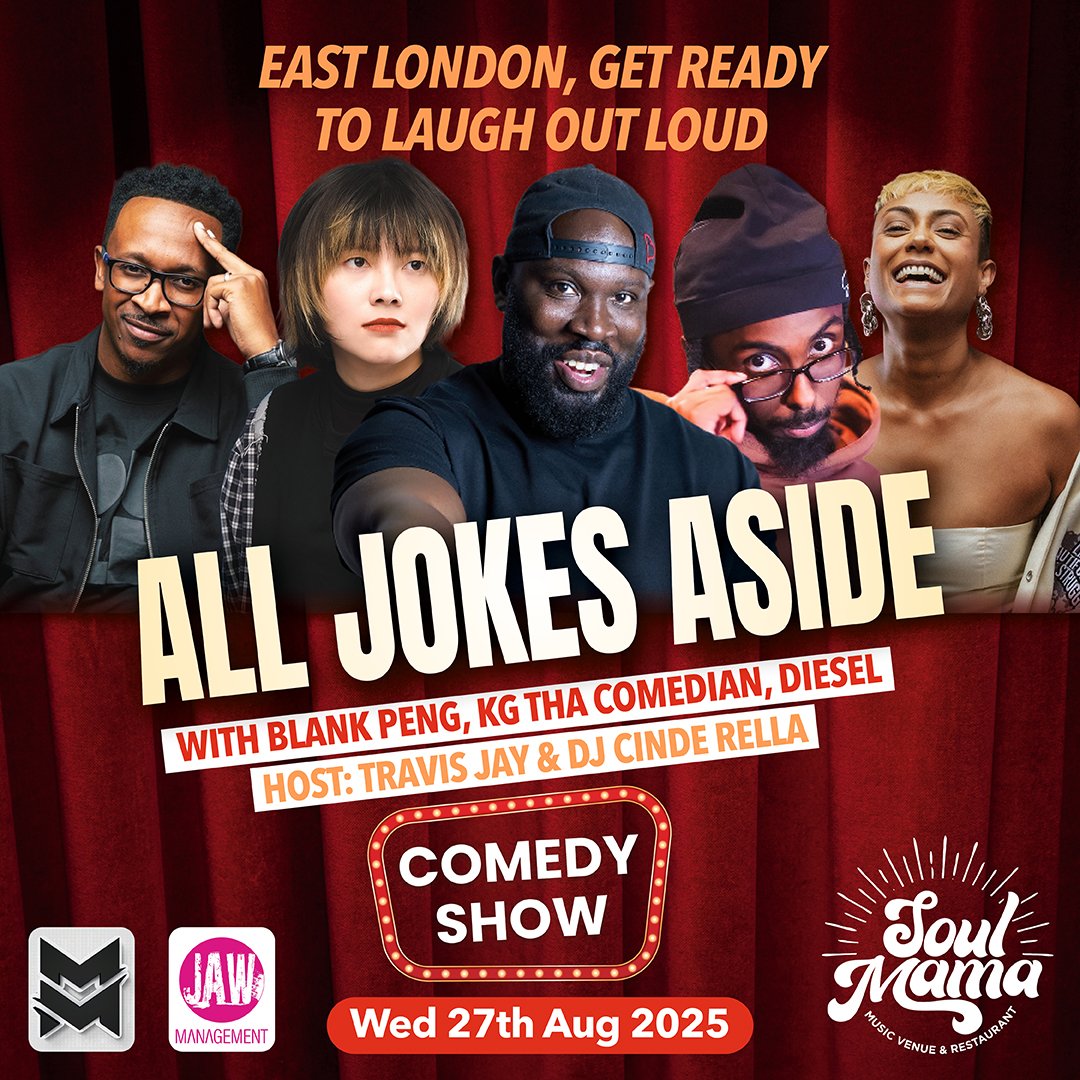 Lateef 'toks'Ogz (@tolks2me) on Twitter photo Join us at <a href="/SoulMamaLondon/">Soul Mama London</a> on Wednesday 27th August for our next comedy show
Line up:
<a href="/KGthaComedian/">Tier 5 KG</a>
<a href="/BlankPeng404/">Blank Peng</a>
Diesel
Our host <a href="/travisjayent/">Travis Jay</a> will be back in the building with the amazing <a href="/DJCindeRella/">Cinde Rella</a>
🎫🎫 Click link below to get your tickets
universe.com/events/all-jok… Join us at <a href="/SoulMamaLondon/">Soul Mama London</a> on Wednesday 27th August for our next comedy show
Line up:
<a href="/KGthaComedian/">Tier 5 KG</a>
<a href="/BlankPeng404/">Blank Peng</a>
Diesel
Our host <a href="/travisjayent/">Travis Jay</a> will be back in the building with the amazing <a href="/DJCindeRella/">Cinde Rella</a>
🎫🎫 Click link below to get your tickets
universe.com/events/all-jok…