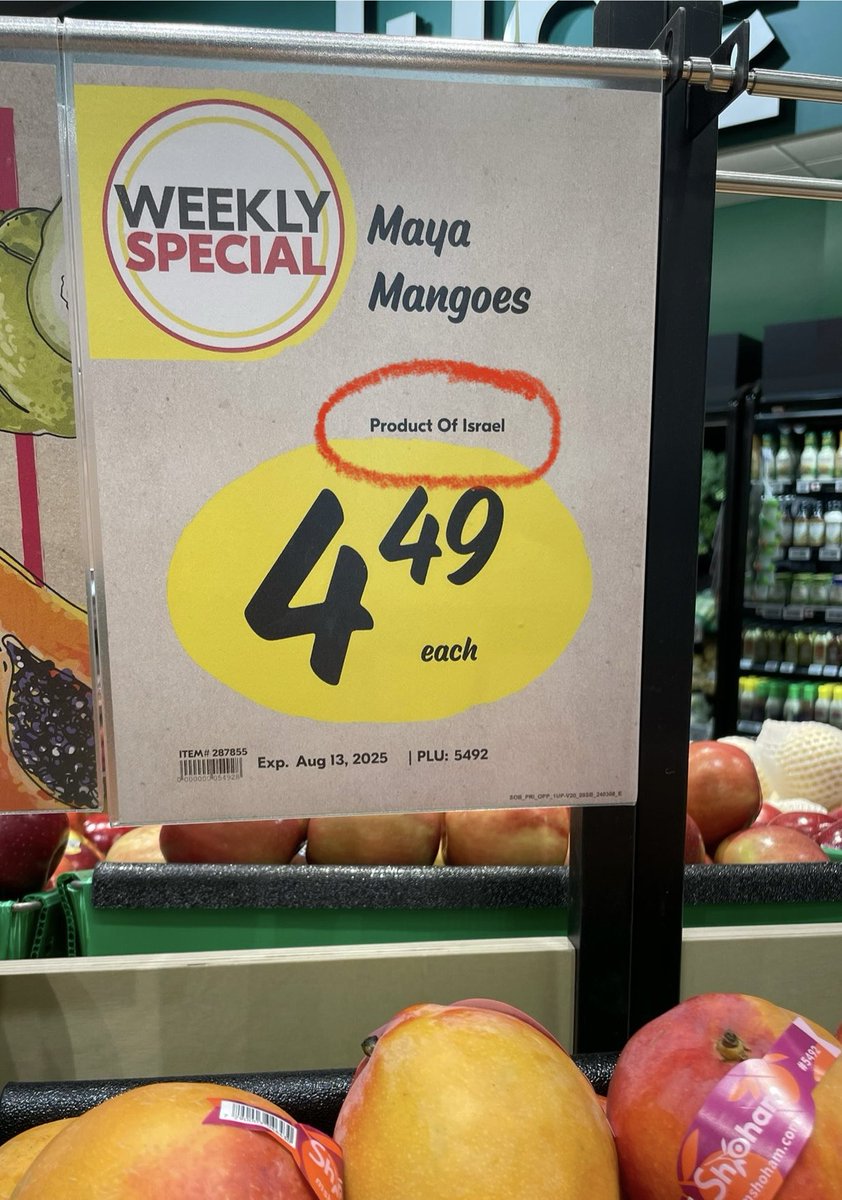 KavitaAlguMD's tweet photo. At a moment when 98.5% of farm land in Gaza has been destroyed or made in inaccessible as part of Israel’s genocide, disappointed to see @Safeway still selling Israeli mangoes.
#BoycottApartheid
#BoycottGenocide https://t.co/Ky0FEGF0gT
