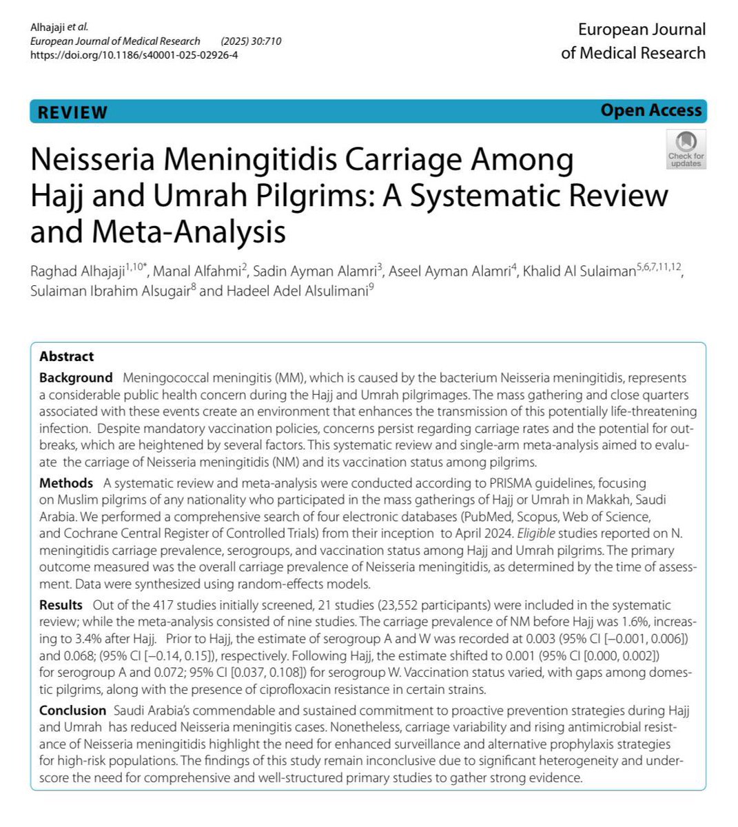 We at the Saudi critical care pharmacy research platform (SCAPE platform) are pleased to share our latest study titled “Neisseria Meningitidis Carriage Among Hajj and Umrah Pilgrims: A Systematic Review and Meta-Analysis” at the European Journal of Medical Research. This