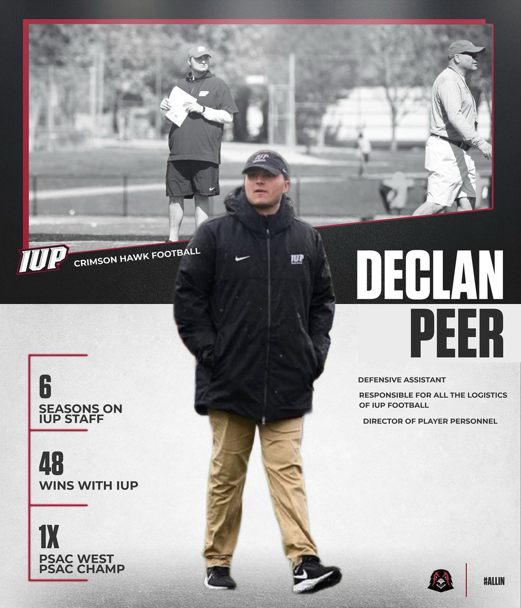 THE MAN BEHIND THE SCENES. 

Coach Declan Peer is the Director of Player Personnel for IUP Football. He spends his days in the trenches, but in a different way. 

Like all our coaches, IUP Football wouldn’t be at its current level without Coach Peer. 

#TalonsUp #ALLIN
