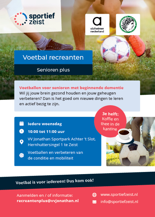 ⚽𝗩𝗼𝗲𝘁𝗯𝗮𝗹𝘁𝗿𝗮𝗶𝗻𝗶𝗻𝗴𝗲𝗻 𝗶𝗻 𝗭𝗲𝗶𝘀𝘁 𝘃𝗼𝗼𝗿 𝘀𝗲𝗻𝗶𝗼𝗿𝗲𝗻 𝗺𝗲𝘁 𝗯𝗲𝗴𝗶𝗻𝗻𝗲𝗻𝗱𝗲 𝗱𝗲𝗺𝗲𝗻𝘁𝗶𝗲 
Kom op de 𝘄𝗼𝗲𝗻𝘀𝗱𝗮𝗴 naar de training op het hoofdveld van vv Jonathan waar de training plaatsvindt.  Meer informatie: alzheimer-nederland.nl/regios/zeist-e…