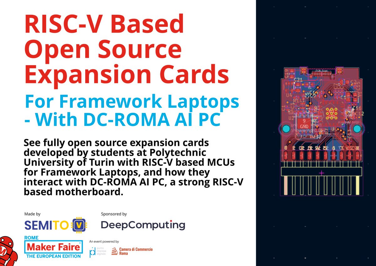SemiTO-V (@semito_v) on Twitter photo We’ll be at #MakerFaireRome (Oct 17-19) to showcase our project: RISC-V based expansion cards for Framework Laptops, powered by DC-ROMA AI PC mainboard of <a href="/DeepComputingio/">DeepComputing</a>
See you there! 👋
#MFR2025 #RISCV #RISCVEverywhere We’ll be at #MakerFaireRome (Oct 17-19) to showcase our project: RISC-V based expansion cards for Framework Laptops, powered by DC-ROMA AI PC mainboard of <a href="/DeepComputingio/">DeepComputing</a>
See you there! 👋
#MFR2025 #RISCV #RISCVEverywhere
