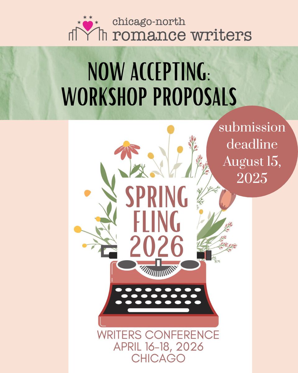 Join us for 2026! Workshop proposals open through August 15 for our April 2026 writers conference in downtown #Chicago. Registration for the conference coming this fall.
#WritingCommmunity #romancebooks 
Submit here: chicagonorthromancewriters.com