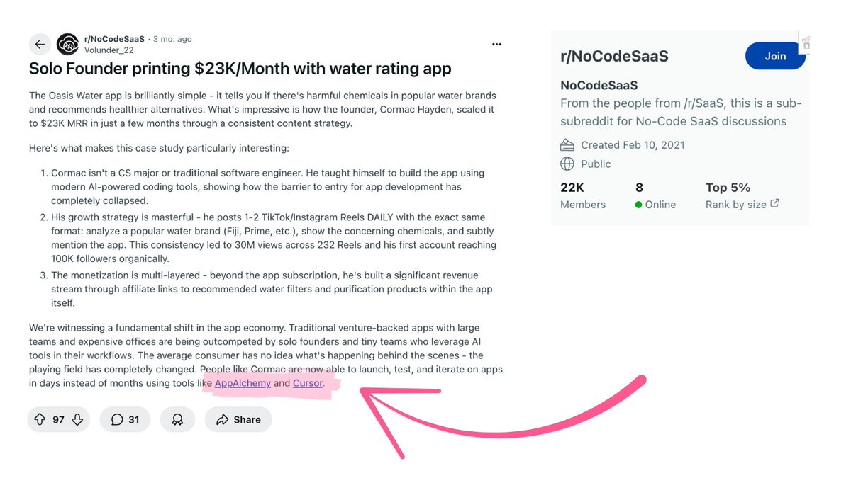 Genius Reddit strategy:

1. find a niche subreddit (like r/nocodesaas)
2. write a case study about a successful business in the space
3. link to a few useful tools
4. one of those links is to YOUR APP

Founder of AppAlchemy is making $17K PER MONTH.