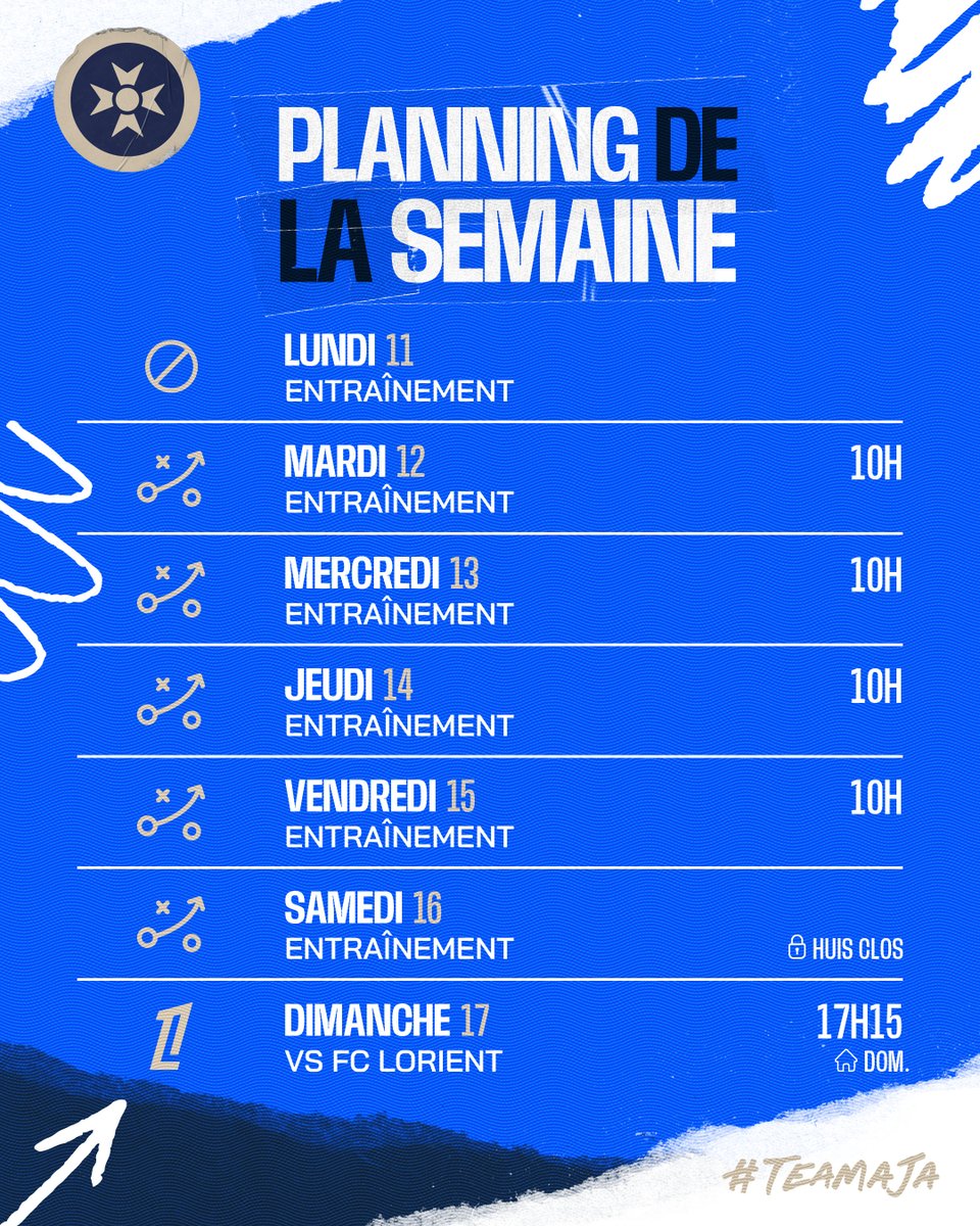 🗓️ 𝐋𝐞 𝐩𝐥𝐚𝐧𝐧𝐢𝐧𝐠 𝐝𝐞 𝐥𝐚 𝐬𝐞𝐦𝐚𝐢𝐧𝐞 🏋️‍♂️

Reprise de l’entraînement dès demain pour préparer la réception de Lorient dimanche 🏠

#TeamAJA