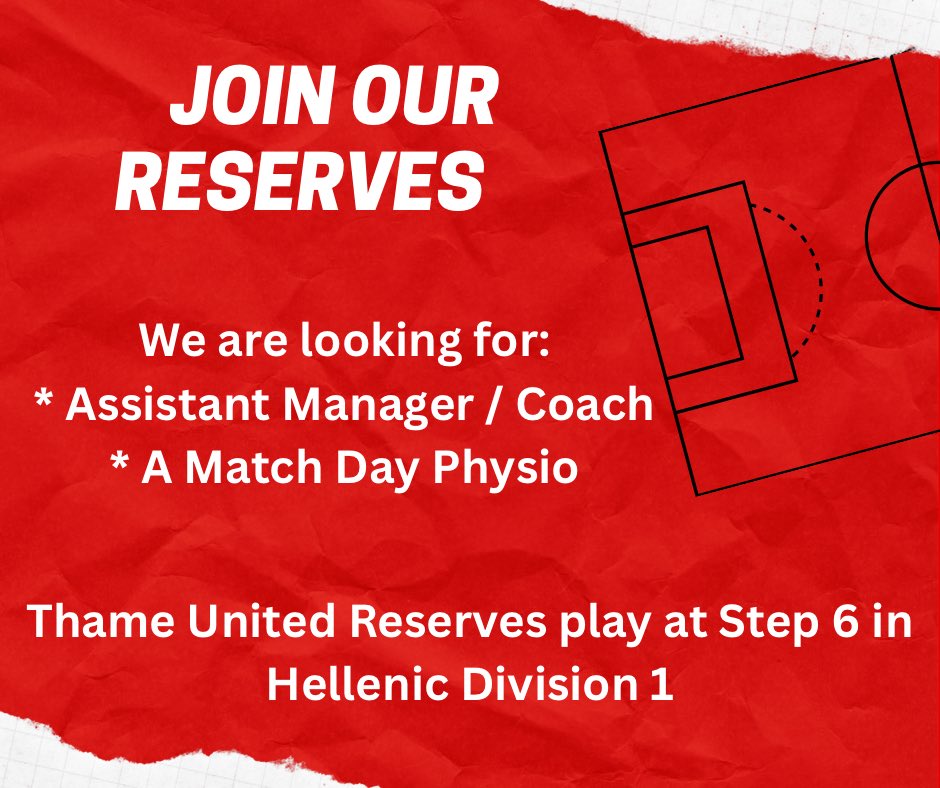 ThameUnitedRes's tweet image. Join Thame United Reserves in one of the following roles. 

We would love to hear from you. Please email us with your experience to express an interest in either role:
marketing@thamefootball.com