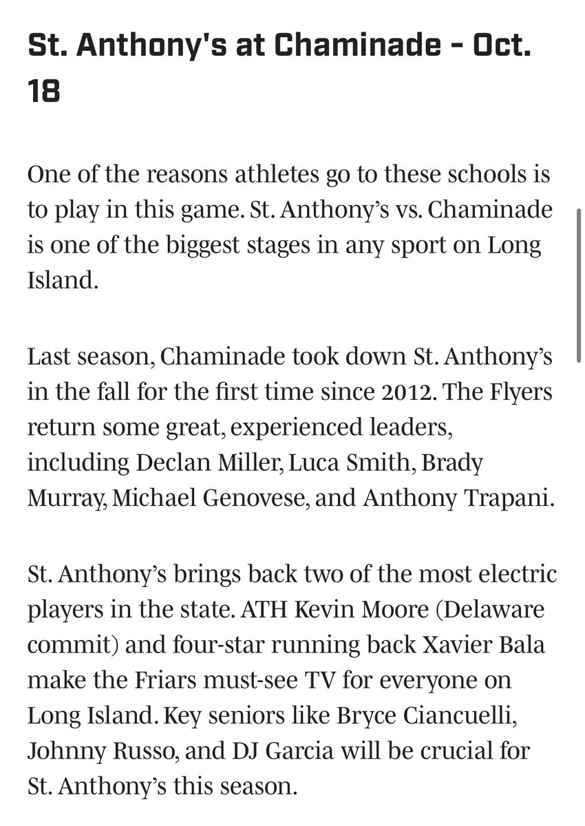 Luca Smith (@smithluca77) on Twitter photo October 18th WILL BE ELECTRIC!!! The Flyers are getting ready to go back to back against our rival this year!!!
<a href="/Chaminade_FB/">Chaminade Flyers Football</a> <a href="/coache57/">Tom Elder</a> <a href="/CoachClaro/">Tom Claro</a> <a href="/coachdawber/">Darrin Dawber</a> <a href="/DolceGatad2733/">Coach Dolce</a> <a href="/jared_valluzzi/">Jared Valluzzi</a> <a href="/DeclanFMiller/">Declan Miller | '26 | #72 | OL | Chaminade HS (NY)</a> <a href="/BradyMurray_18/">Brady Murray</a> <a href="/SeanPowers0/">Sean Powers</a> <a href="/seancarnevale1/">Sean Carnevale</a> <a href="/MatthewArias09/">Matthew Arias</a> October 18th WILL BE ELECTRIC!!! The Flyers are getting ready to go back to back against our rival this year!!!
<a href="/Chaminade_FB/">Chaminade Flyers Football</a> <a href="/coache57/">Tom Elder</a> <a href="/CoachClaro/">Tom Claro</a> <a href="/coachdawber/">Darrin Dawber</a> <a href="/DolceGatad2733/">Coach Dolce</a> <a href="/jared_valluzzi/">Jared Valluzzi</a> <a href="/DeclanFMiller/">Declan Miller | '26 | #72 | OL | Chaminade HS (NY)</a> <a href="/BradyMurray_18/">Brady Murray</a> <a href="/SeanPowers0/">Sean Powers</a> <a href="/seancarnevale1/">Sean Carnevale</a> <a href="/MatthewArias09/">Matthew Arias</a>