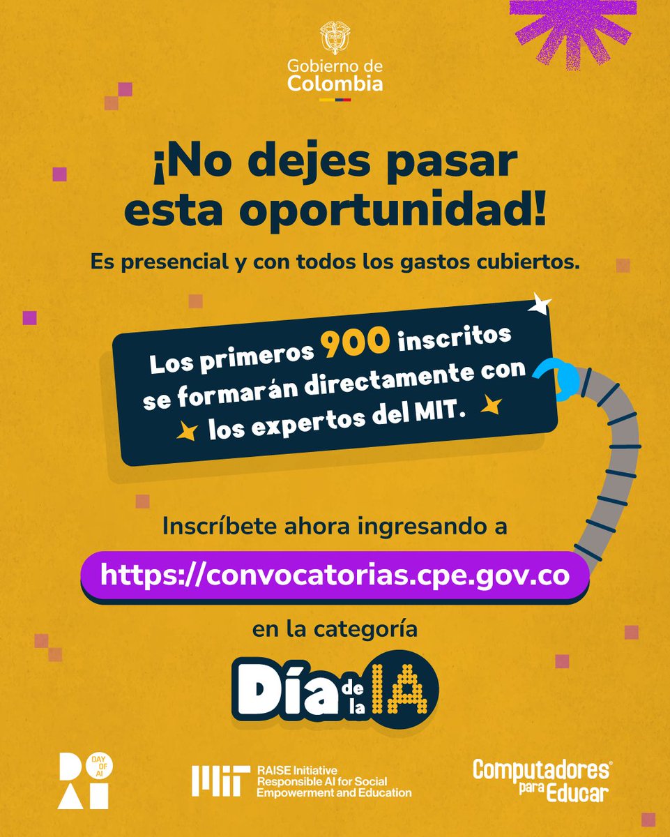 Profe, ¿estás listo?

Participa en la jornada nacional de reflexión pedagógica en el #DíaDeLaIA. 

Un espacio para pensar cómo poner la IA al servicio de la vida, la equidad y el #AprendizajeSignificativo.

📌 Regístrate 👉 convocatorias.cpe.gov.co
#TecnologíasParaAprender