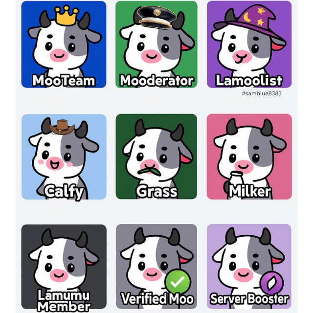 sambluexd's tweet photo. Just created this fun icon set for the Lamumu Whitelist Giveaway Contest* ๐ฎโจ
Bringing the moo-energy with every role โ from MooTeam to Server Booster!
Hope this earns me a spot on the whitelist ๐๐
@lamumudotxyz @commondotxyz
#Lamumu #WhitelistContest #MooMagic https://t.co/WSn6i9RvDj