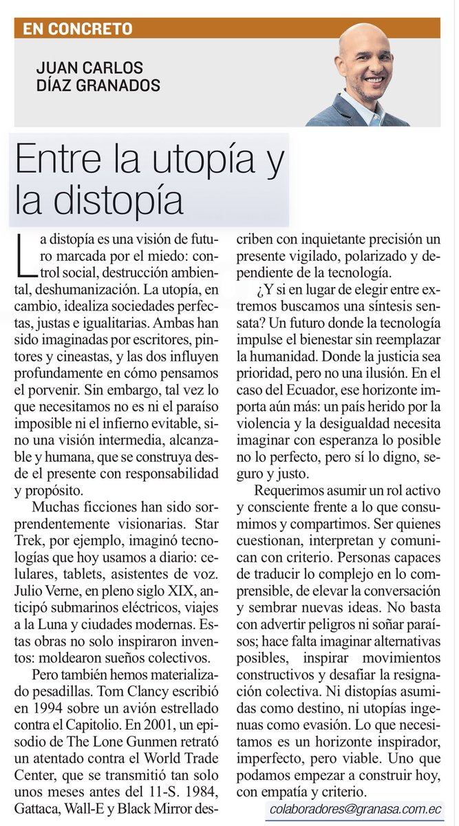 Juan Carlos Díaz Granados (@jcdgm) on Twitter photo ¿Utopía o distopía? Mi nueva columna en <a href="/Expresoec/">Diario Expreso</a> explora cómo lo que imaginamos y consumimos hoy moldea nuestro futuro. Cuidado con lo que pensamos: ¡el mañana está en nuestras manos! #Filosofía #Tecnología #Futuro ¿Utopía o distopía? Mi nueva columna en <a href="/Expresoec/">Diario Expreso</a> explora cómo lo que imaginamos y consumimos hoy moldea nuestro futuro. Cuidado con lo que pensamos: ¡el mañana está en nuestras manos! #Filosofía #Tecnología #Futuro