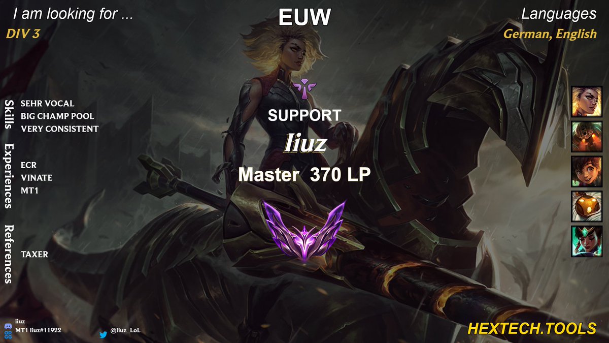 Nach einem weiteren Split bei @MT1_Esports suchen "Iiuz" und ich als duo botlane opportunities!
❤️&amp;🔁appreciated <33
<a href="/lft_prm/">LFT PRM</a>
<a href="/LFT_LoL_EU/">LFT_LoL_EU</a>
<a href="/LFTDiscord/">LFT Discord - lol/val/rl</a>