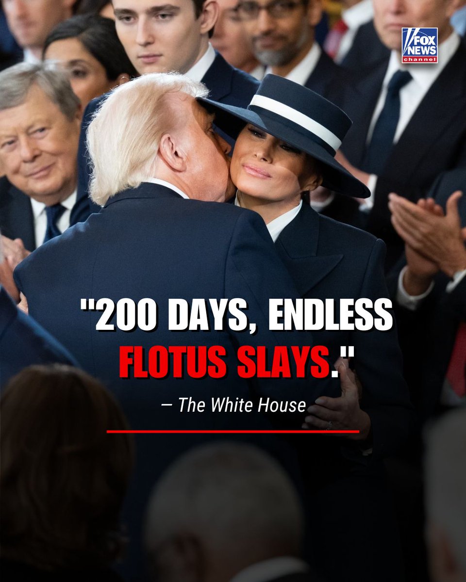 FoxNews's tweet photo. The @WhiteHouse is giving a shoutout to @MELANIATRUMP for marking 200 days back in her role as first lady with a celebratory photo dump — saying she’s slaying it. Since returning, Melania has championed the Take It Down Act, continued her Be Best campaign, and joined President @realDonaldTrump at major events — all with a focus on family and public service.