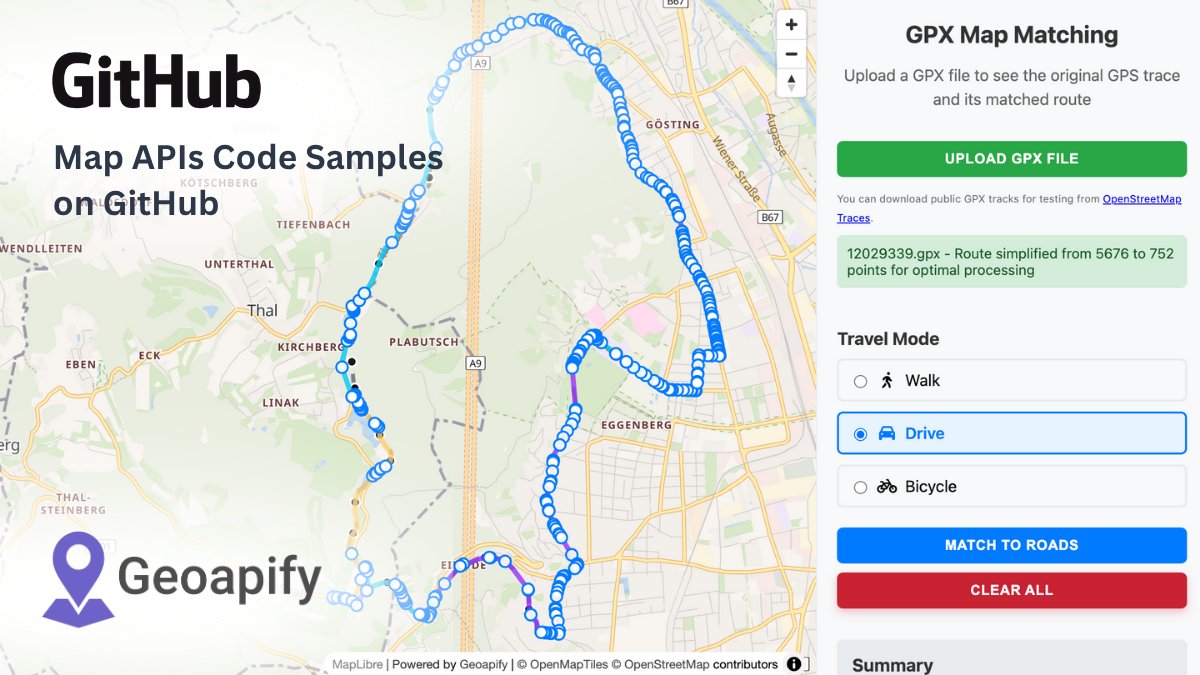 New code sample: GPX Map Matching (Snap to Roads) 🗺️

☑️ Upload a GPX track and snap it to the road network with Geoapify Map Matching API.
☑️ Visualize original vs. matched routes on an interactive MapLibre GL map.

Code + preview → github.com/geoapify/maps-…

#Mapping #WebDev