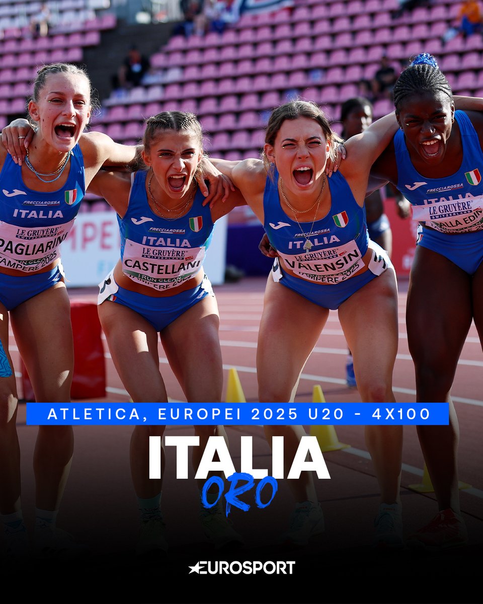 Eurosport_IT's tweet photo. 𝑰𝑻𝑨𝑳𝑰𝑨 𝑺𝑻𝑶𝑹𝑰𝑪𝑨🥇

Doppio oro azzurro nella 4x100 femminile e nel salto triplo: che pomeriggio a Tampere🇮🇹

#Tampere2025 #Italia https://t.co/SNFot6VR2s