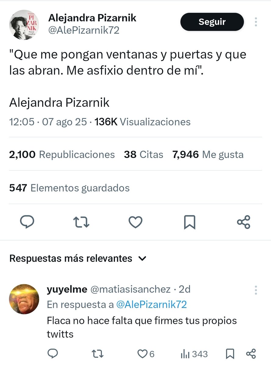 Si hoy te estás sintiendo muy pendejo, piensa que <a href="/matiasisanchez/">yuyelme</a> se la hace de a pedo a una cuenta de Pizarnik porque firma sus propios tuits. 🤣🤣🤣