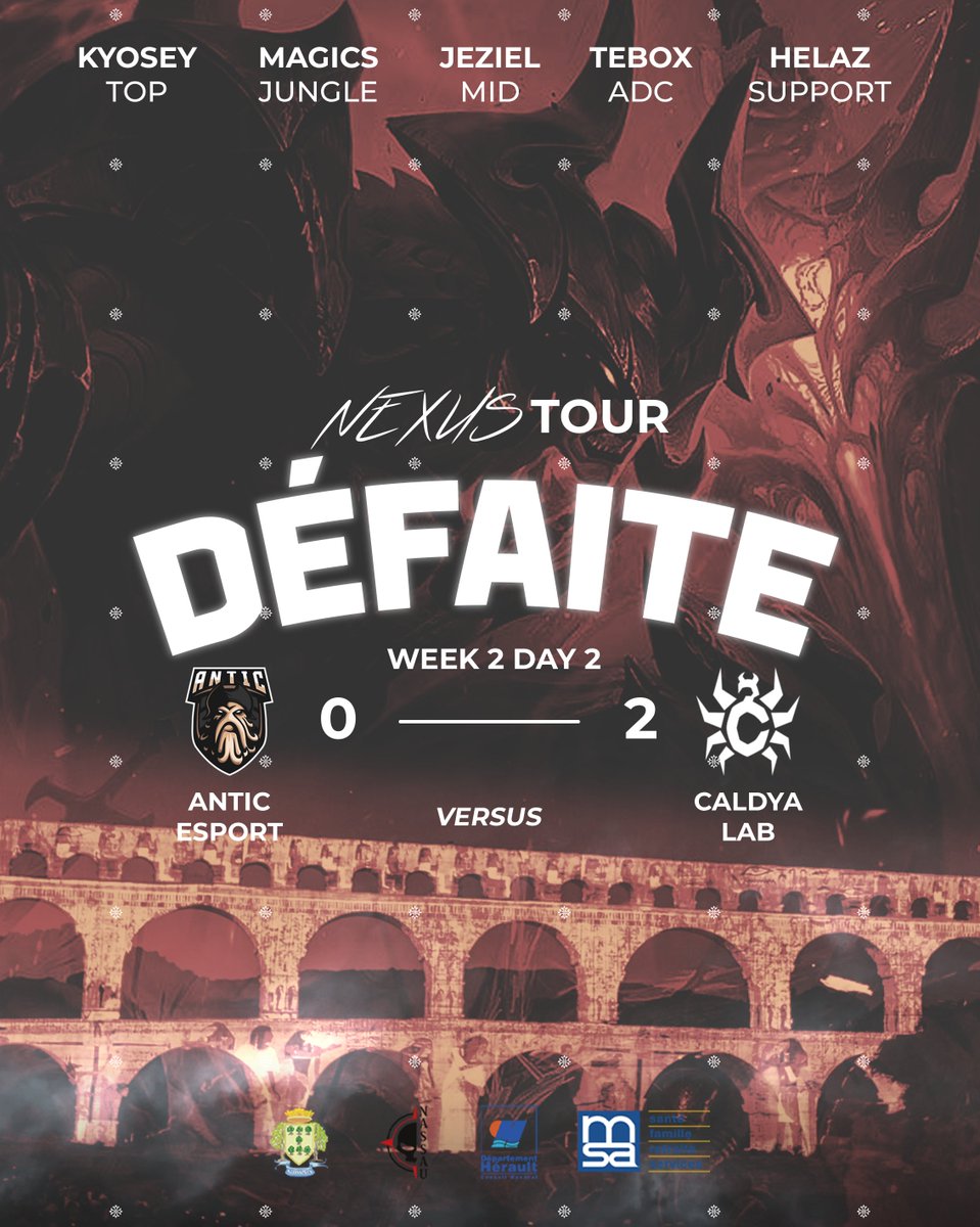 Pas pour aujourd'hui...

Nou perdons face à <a href="/CaldyaEsport/">Caldya</a> GG à eux.

On joue quand même le podium contre soit Colors soit Zephyr dans quelques minutes.

#ATCWIN