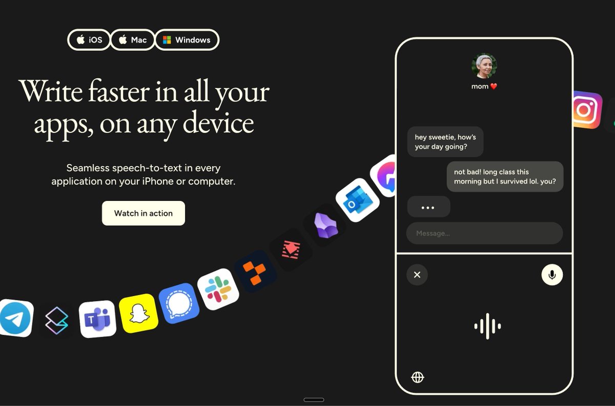最近一直在用且强烈推荐的神器：Mac 端的 Wispr Flow！之前用了一下 iPhone 端的，已经是离不开了，启用Mac版后直接生产力爆炸。我觉得罗永浩当年的那个语音工作站真的是挺超前的，10 年后已经完全实现了。