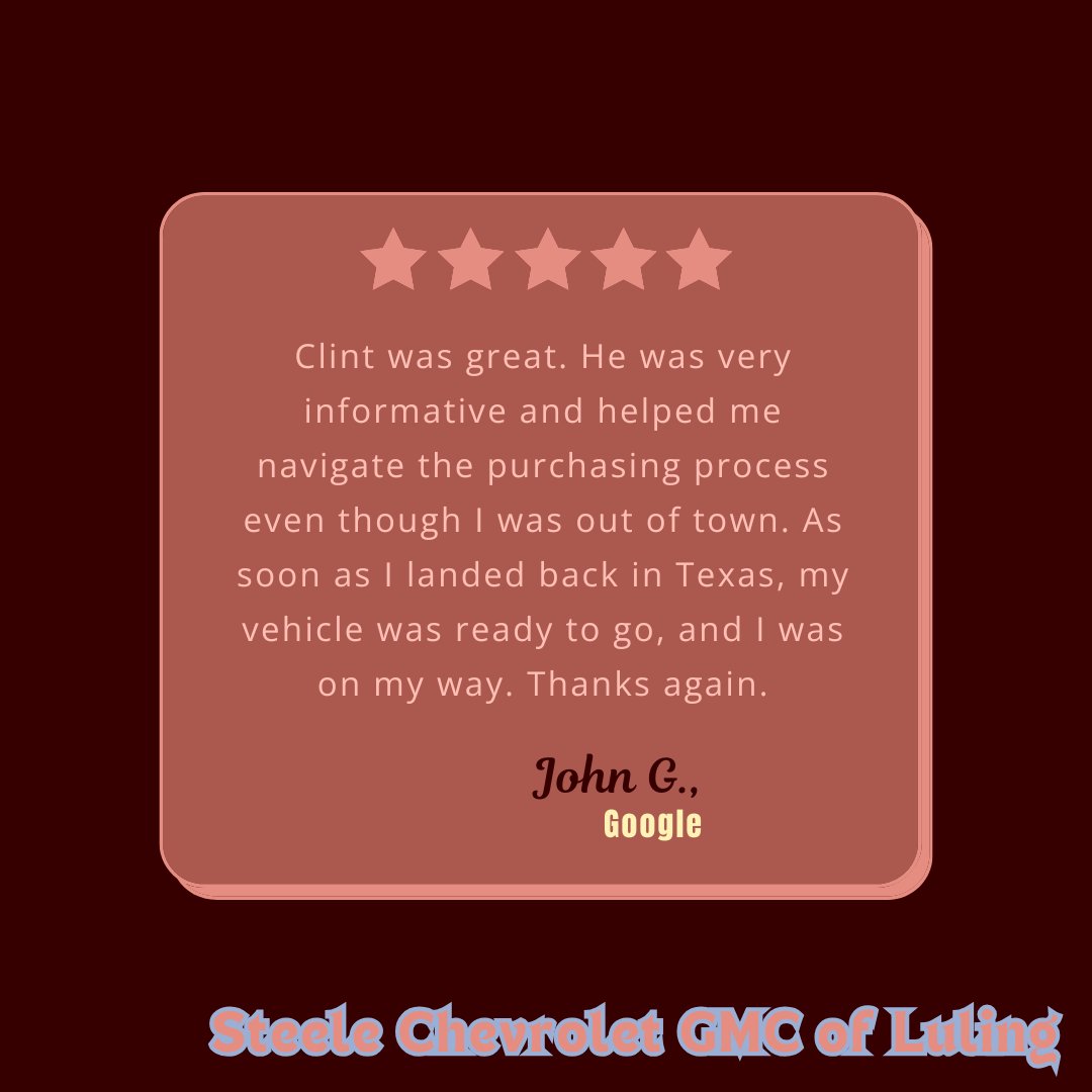 LulingChevrolet's tweet image. John, thank you for your great feedback. It's fantastic to know that we were able to make your vehicle purchase incredibly easy and quick.