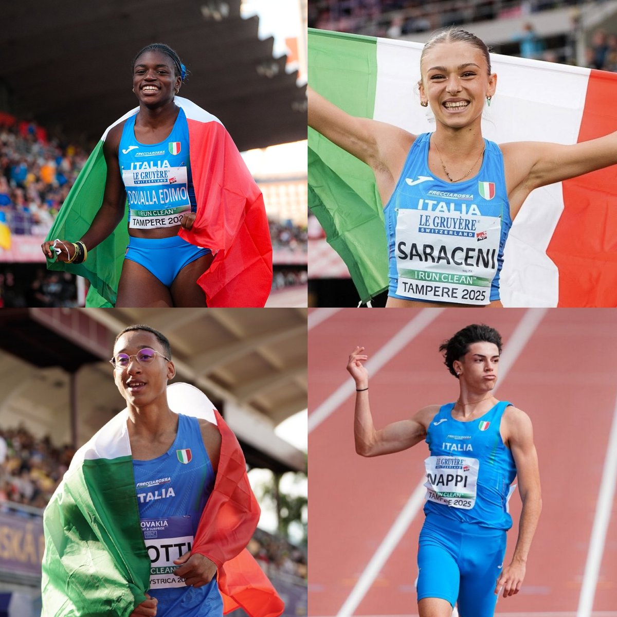 Sport__h24's tweet photo. Il futuro dell'Italia.

🥇Kelly Doualla Edimo (100m)
🥇Erika Saraceni (salto triplo)
🥇Francesco Crotti (salto triplo)
🥇Diego Nappi (200 m)

L'atletica italiana è in buone mani.
#Tampere2025 https://t.co/Y29uLDrllY