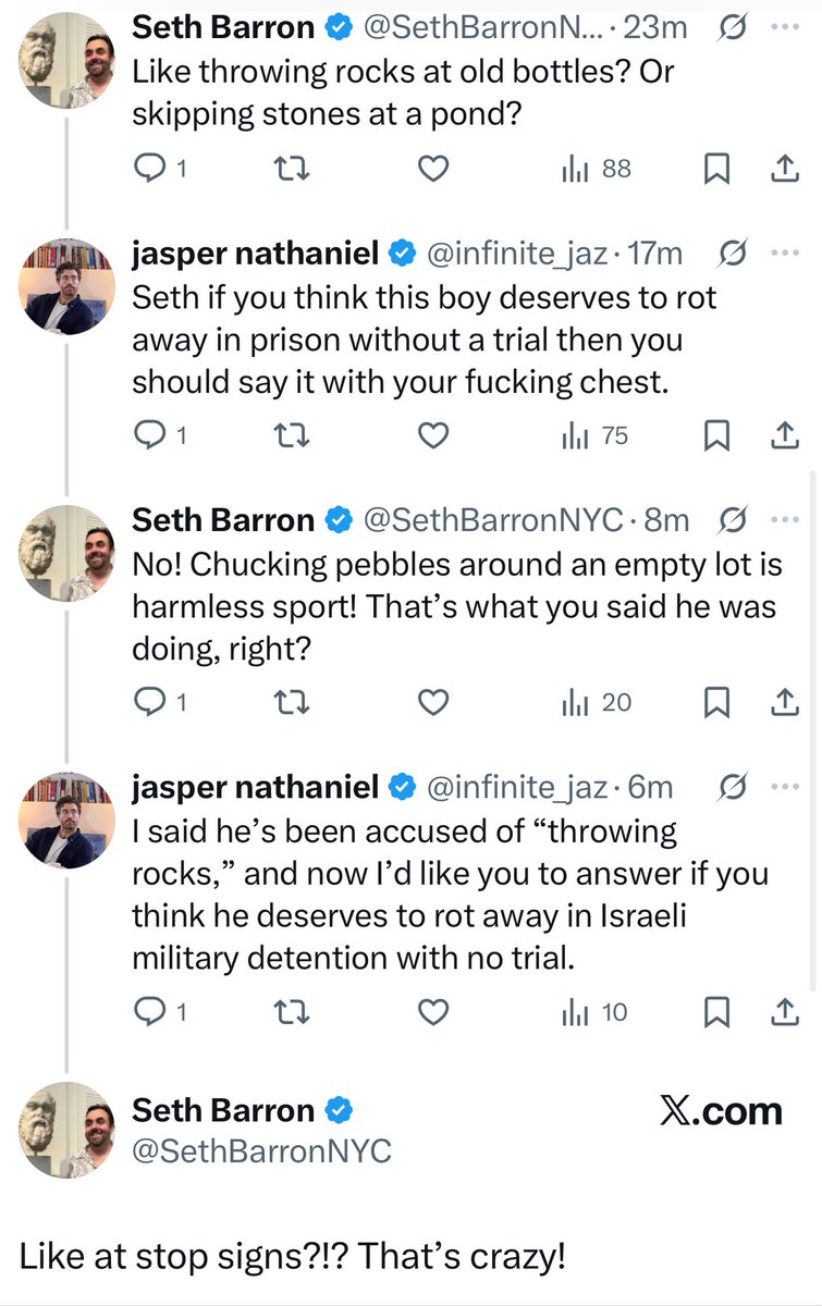 jasper nathaniel (@infinite__jaz) on Twitter photo It’s great that <a href="/SethBarronNYC/">Seth Barron</a>, distinguished writer for the <a href="/nypost/">New York Post</a>, is having so much fun at the expense of a 16-year-old child wasting away in Israeli military detention. A real mensch! It’s great that <a href="/SethBarronNYC/">Seth Barron</a>, distinguished writer for the <a href="/nypost/">New York Post</a>, is having so much fun at the expense of a 16-year-old child wasting away in Israeli military detention. A real mensch!