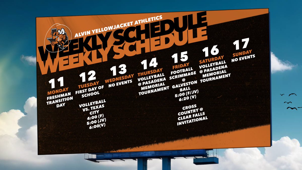 ALVIN YELLOWJACKET ATHLETICS (@alvinathletics) on Twitter photo Flying high this first week of school! Catch <a href="/AlvinJacketVB/">Alvin Yellowjacket Volleyball</a> , <a href="/alvin_jacketfb/">Alvin Football</a> , and <a href="/AlvinHSTrack/">Alvin HS Track & Field/XC</a> this week at home and on the road!
Edit: 🏐 vs. Texas City on 8/12 Flying high this first week of school! Catch <a href="/AlvinJacketVB/">Alvin Yellowjacket Volleyball</a> , <a href="/alvin_jacketfb/">Alvin Football</a> , and <a href="/AlvinHSTrack/">Alvin HS Track & Field/XC</a> this week at home and on the road!
Edit: 🏐 vs. Texas City on 8/12