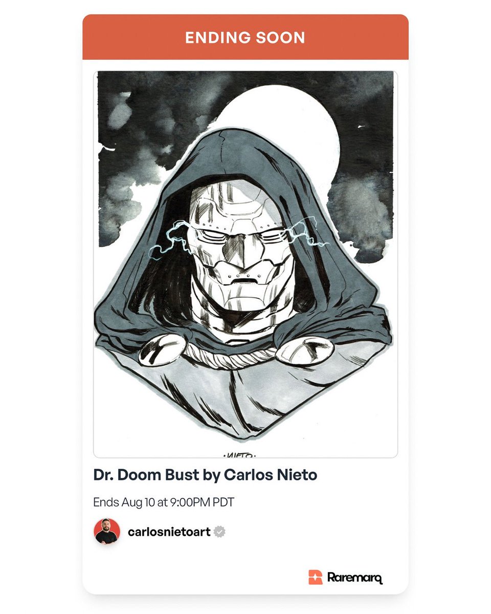 nerdcrawler (@nerdcrawlercom) on Twitter photo Ending today! This striking 8x11″ bust of Dr. Doom by <a href="/CarlosNietoArt/">Carlos Nieto | Comic Artist</a> is crafted in pencils, inks, copics, and ink wash on high-quality arches watercolor paper.
raremarq.com/auctions/dr-do…
#drdoom #fantasticfour #marvelcomics #originalart Ending today! This striking 8x11″ bust of Dr. Doom by <a href="/CarlosNietoArt/">Carlos Nieto | Comic Artist</a> is crafted in pencils, inks, copics, and ink wash on high-quality arches watercolor paper.
raremarq.com/auctions/dr-do…
#drdoom #fantasticfour #marvelcomics #originalart
