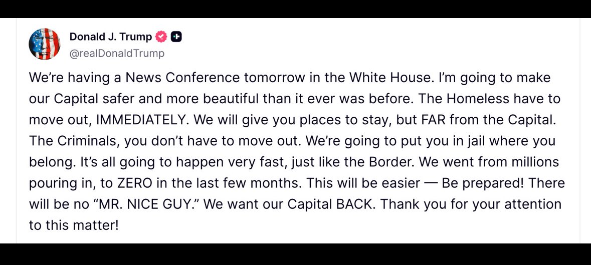 BREAKING: Trump on Washington D.C:

“The homeless have to move out IMMEDIATELY”.

Better idea. Take the $200m that you want to spend on putting gold accents in a new pointless White House ballroom, and invest it in the community instead.