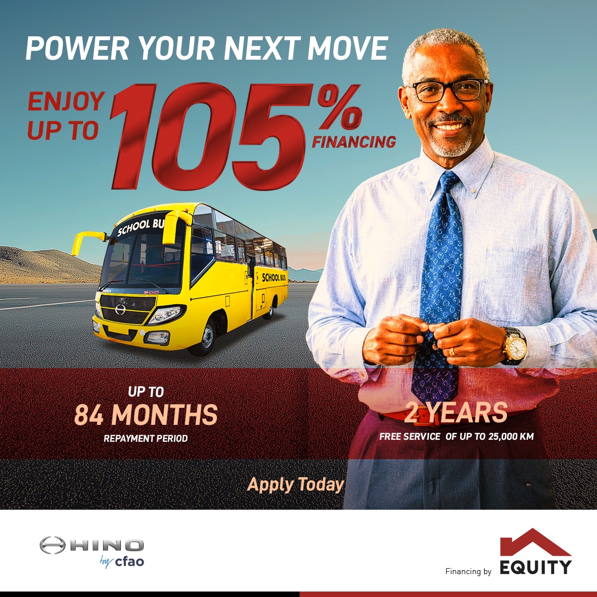 KeEquityBank's tweet photo. Looking for class-leading comfort and safety?
Go for the latest in school buses with Equity’s 105% financing and 84-months repayment.
Apply today through:
https://t.co/qtAdVpyQk0
#PowerYourNextMove with #EquityAssetFinance #Hino #CFAO https://t.co/bV1SRjipa4