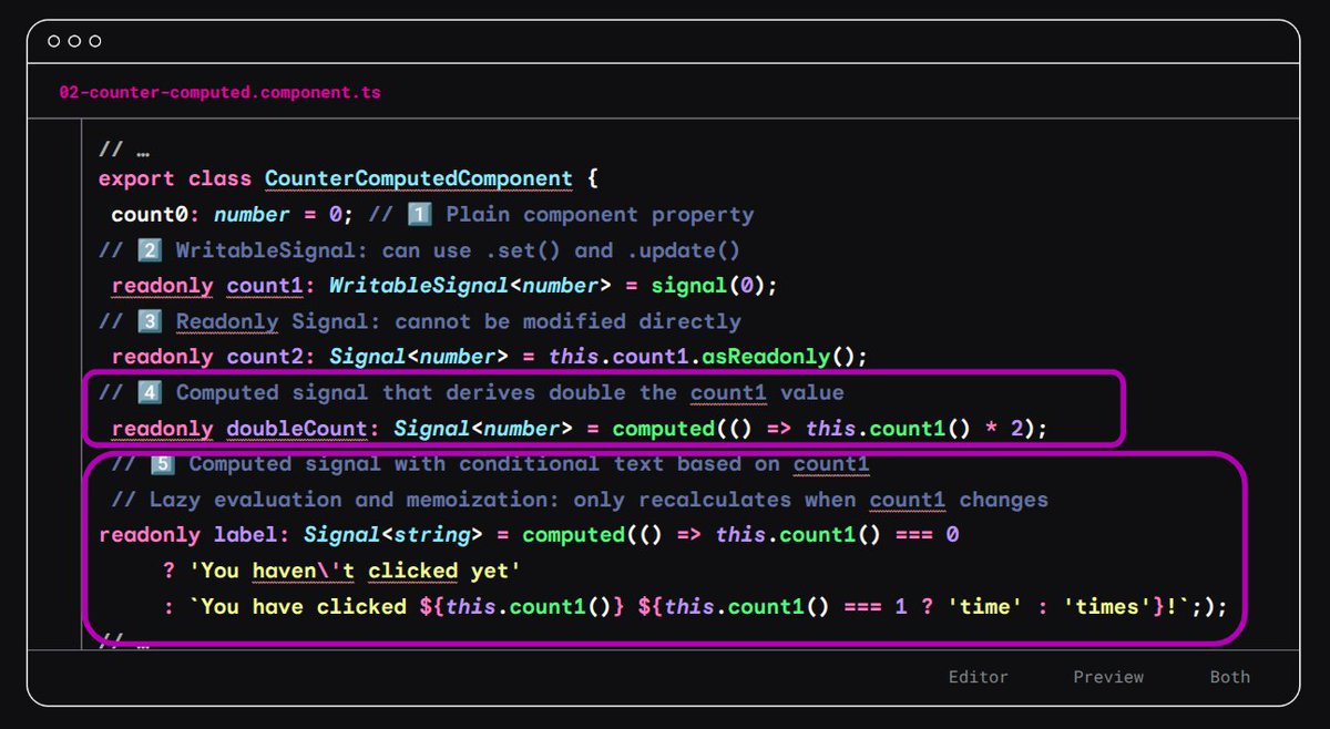 DotTechES's tweet image. 👀 Avance Lección 3: Computed Signals
🧮 Crea señales derivadas y evita recálculos innecesarios.
🔔 Sigue la playlist:

f.mtr.cool/obgcqnutic

#Angular #Signals #ComputedSignals