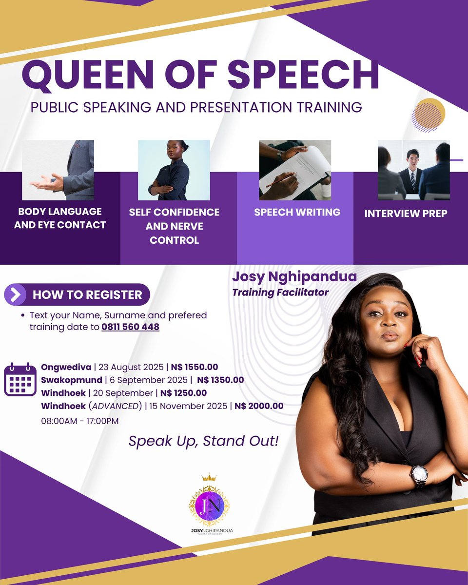 Kindly find the updated dates for the next training roster.

Master public speaking and unlock confidence, influence, and success. Your voice matters, so make it heard!  

Join our training and transform your fear into power!!