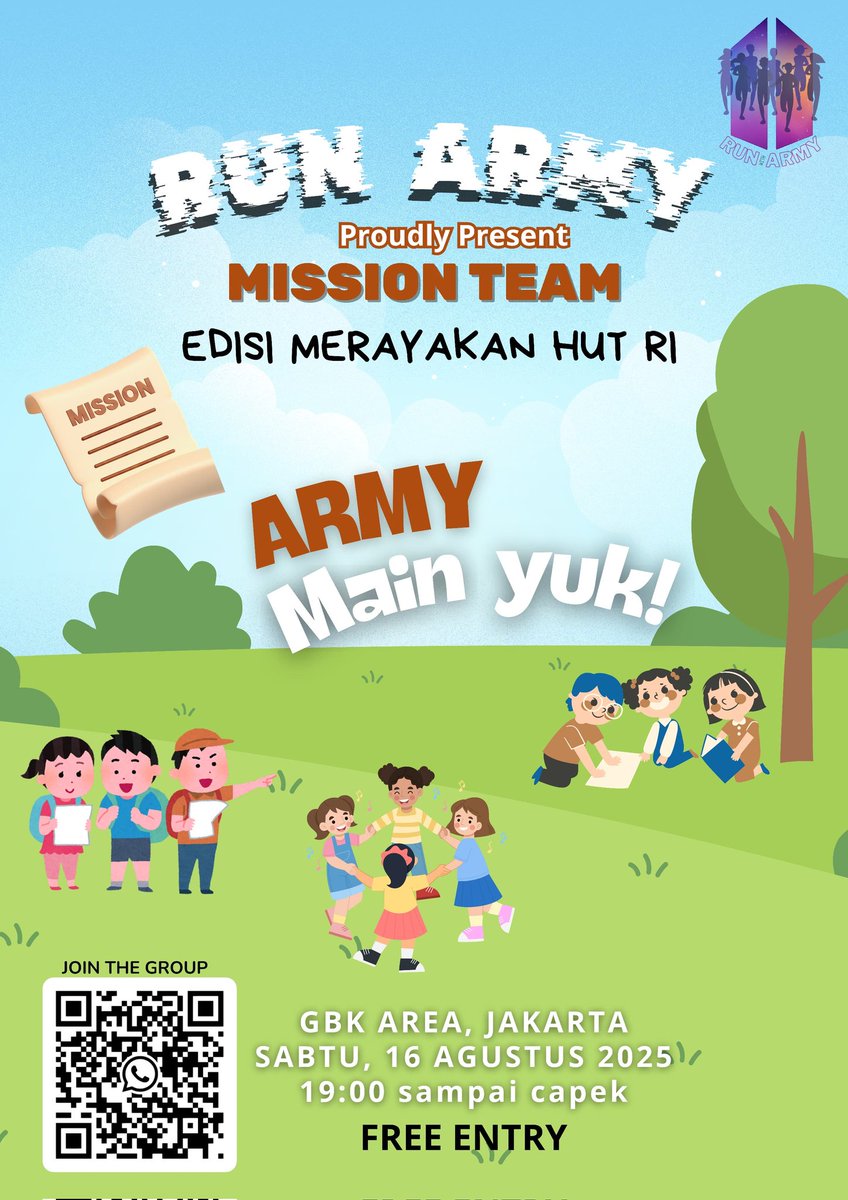 ridhoseok97's tweet photo. ✨ Siap-siap seru-seruan bareng ARMY! ✨
🎯 RUN ARMY: Mission Team edisi spesial HUT RI 🇮🇩
📍 GBK Area, Jakarta
📅 Sabtu, 16 Agustus 2025 | 19.00 – sampai capek 😆
💜 FREE ENTRY! Yuk gabung, misi seru menantimu!
#RunARMY #MissionTeam #ARMYMainYuk #HUTRI2025 #HappyARMY https://t.co/GCjFLTPyYa