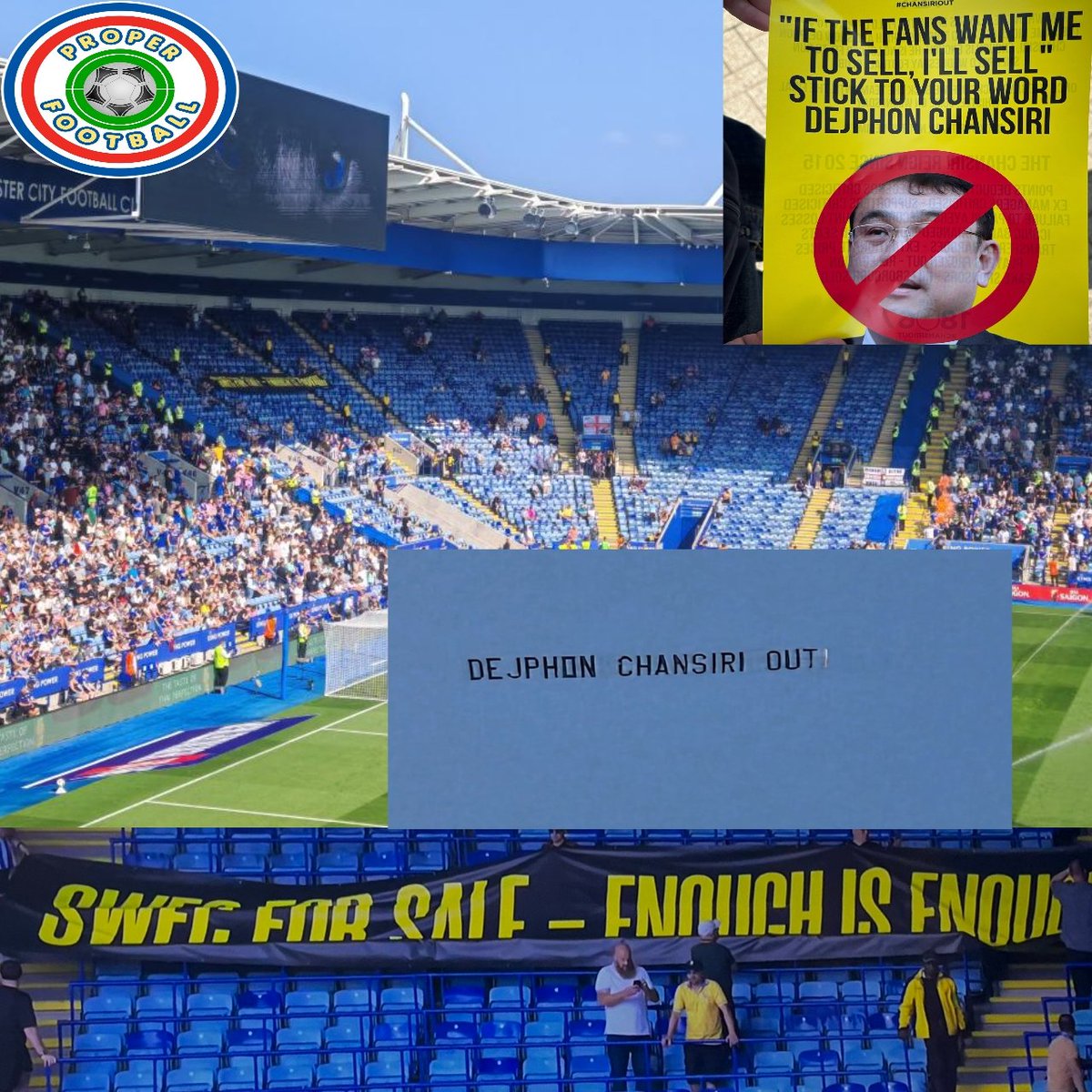 ProperFootball8's tweet photo. The empty Sheffield Wednesday away end as they take on Leicester City this afternoon. Fans will enter 5 minutes in to game. They also have a banner reading "SWFC For sale, enough is enough"

An aeroplane is flying overhead as well reading 
"Dejphon Chansiri out"

There are also many signs on display like the one in the below photo.

A rotten time for their fans at the moment.

Lets hope the owner does the right thing, sell up and give the fans and club some hope!!

#swfc #Sheffield #sheffieldwednesday #Wednesday #owls #Leicester #LeicesterCity #LCFC #EFL #championship