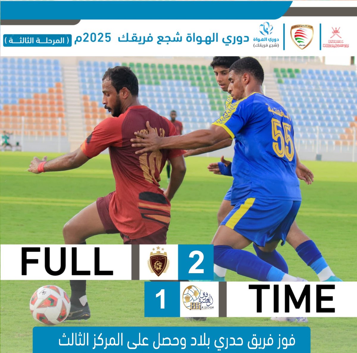 حدري بلاد يحقق المركز الثالث في #دوري_الهواة2025🥉  
بعد فوزه على فريق الغشبة بنتيجة 2–1 في مباراة تحديد المركزين الثالث والرابع ⚽👏

#شجع_فريقك  
#المرحلة_النهائية