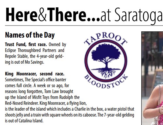 spacitystables's tweet photo. The ⁦@saratogaspecial⁩ is a great part of the #Saratoga racing season. It’s even better when you catch a mention in Names of the Day. Little stables only have so many chances to get the name right. Thanks for the mention ! ⁦@SaratogaTL⁩ 🐎 https://t.co/Mz3QBZzXwI