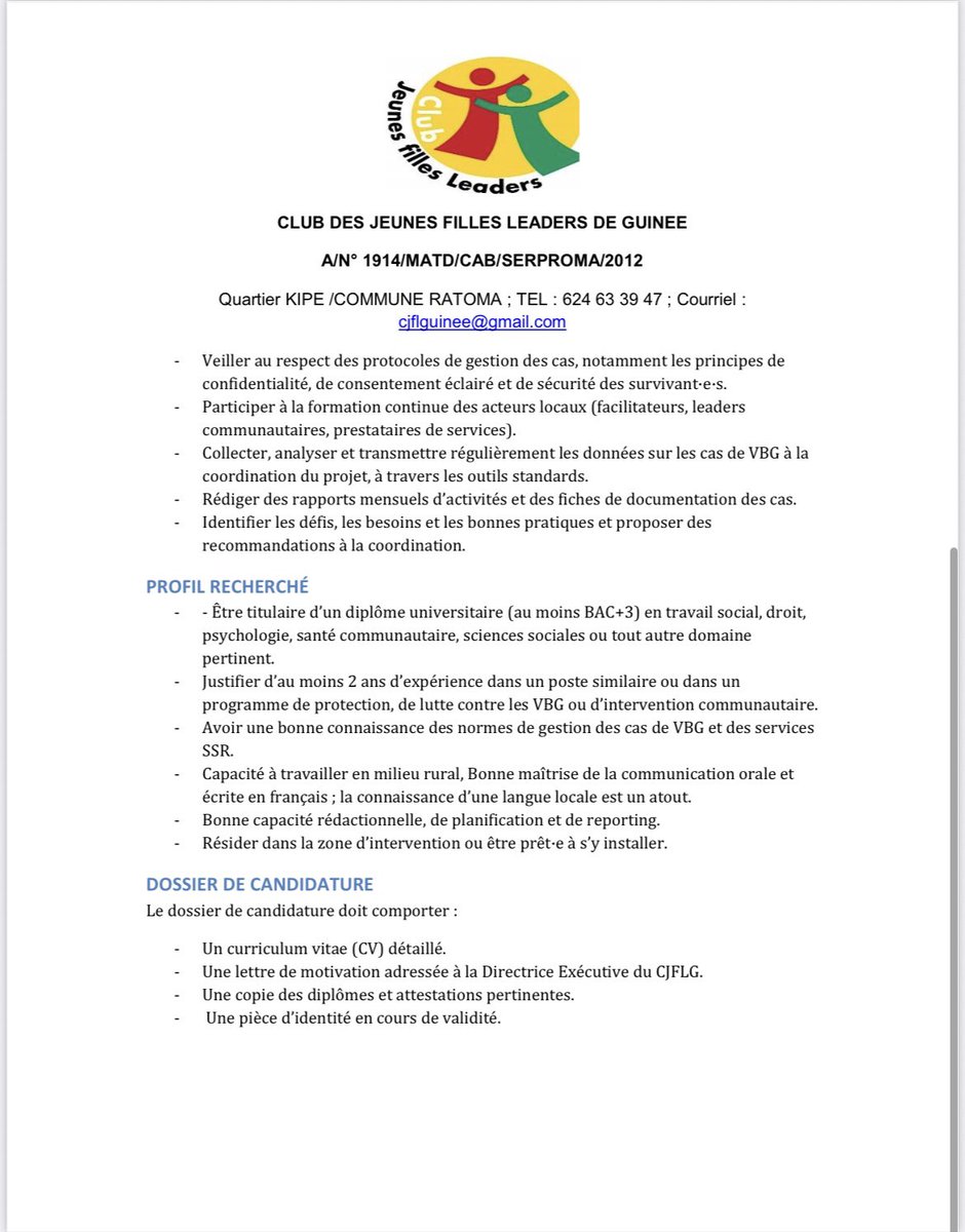 cjflguinee's tweet photo. 📢 Le CJFLG recrute 4 Responsables Protection VBG

📍 Mamou &amp; Kindia
📅 Candidature avant 18 août 2025 – 17h
 🖇️Ci-joint les TDR pour plus de détails🔻 https://t.co/CAi4ThOYSo