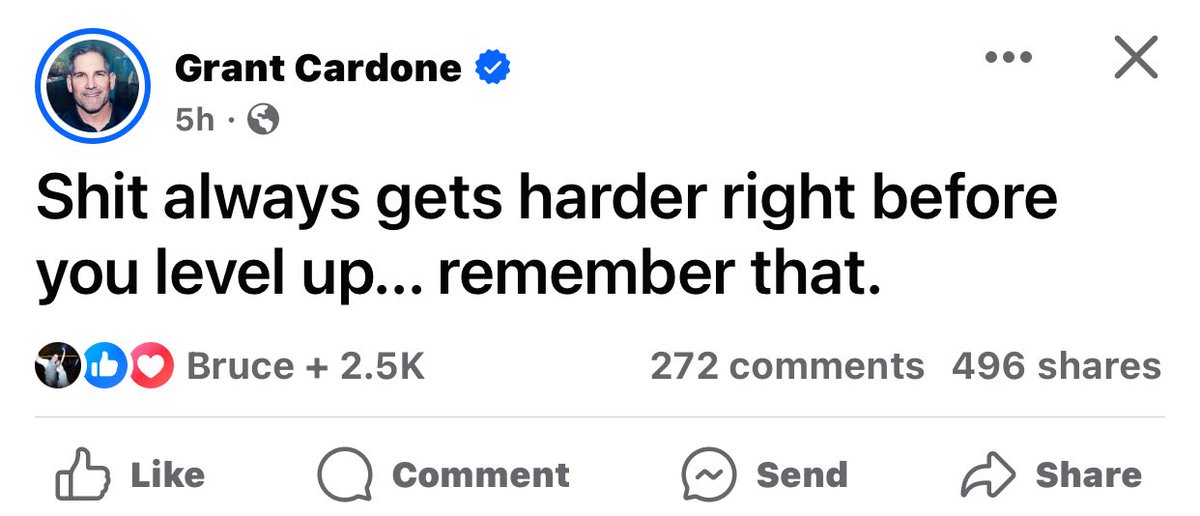 Don’t be afraid to grind THROUGH the finish line
…
The harder things get the more dedicated your focus should be on leveling up to meet your new standard of expectations!!!
…
<a href="/GrantCardone/">Grant Cardone</a>