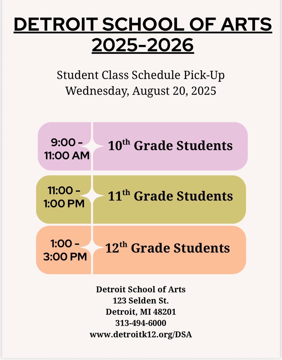 📅 Schedule Pick-Up: Returning students can grab schedules on the dates listed below.
❗ Can’t make it? No worries — you’ll get directions on the first day of school. 
☀️ Enjoy the rest of your summer, DSA!
#DSAPride #DSAFamily #DetroitSchoolOfArts #BackToSchool #DSA2025